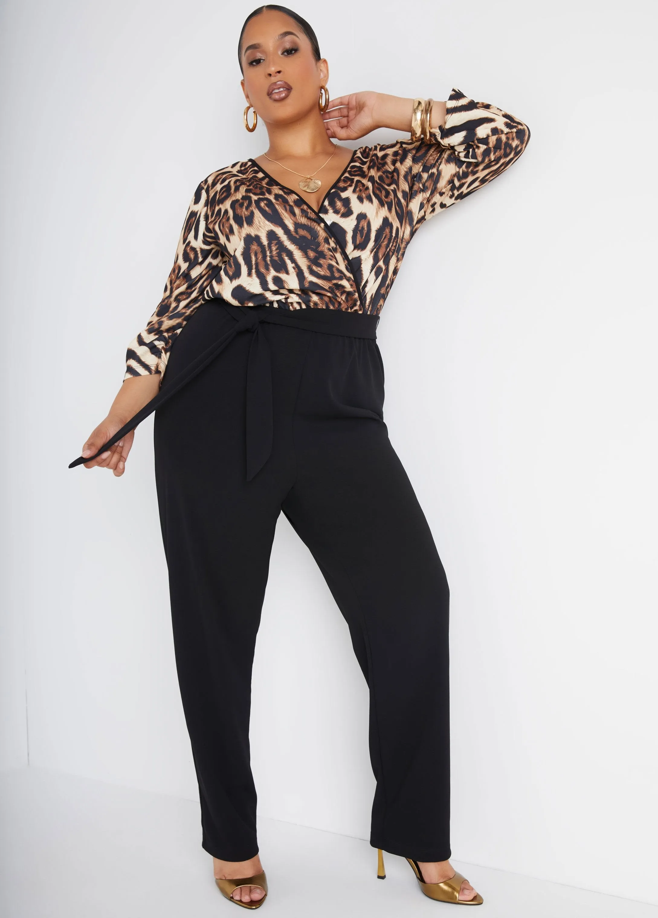 Leopard Paneled Faux Wrap Jumpsuit sold by Ashley Stewart