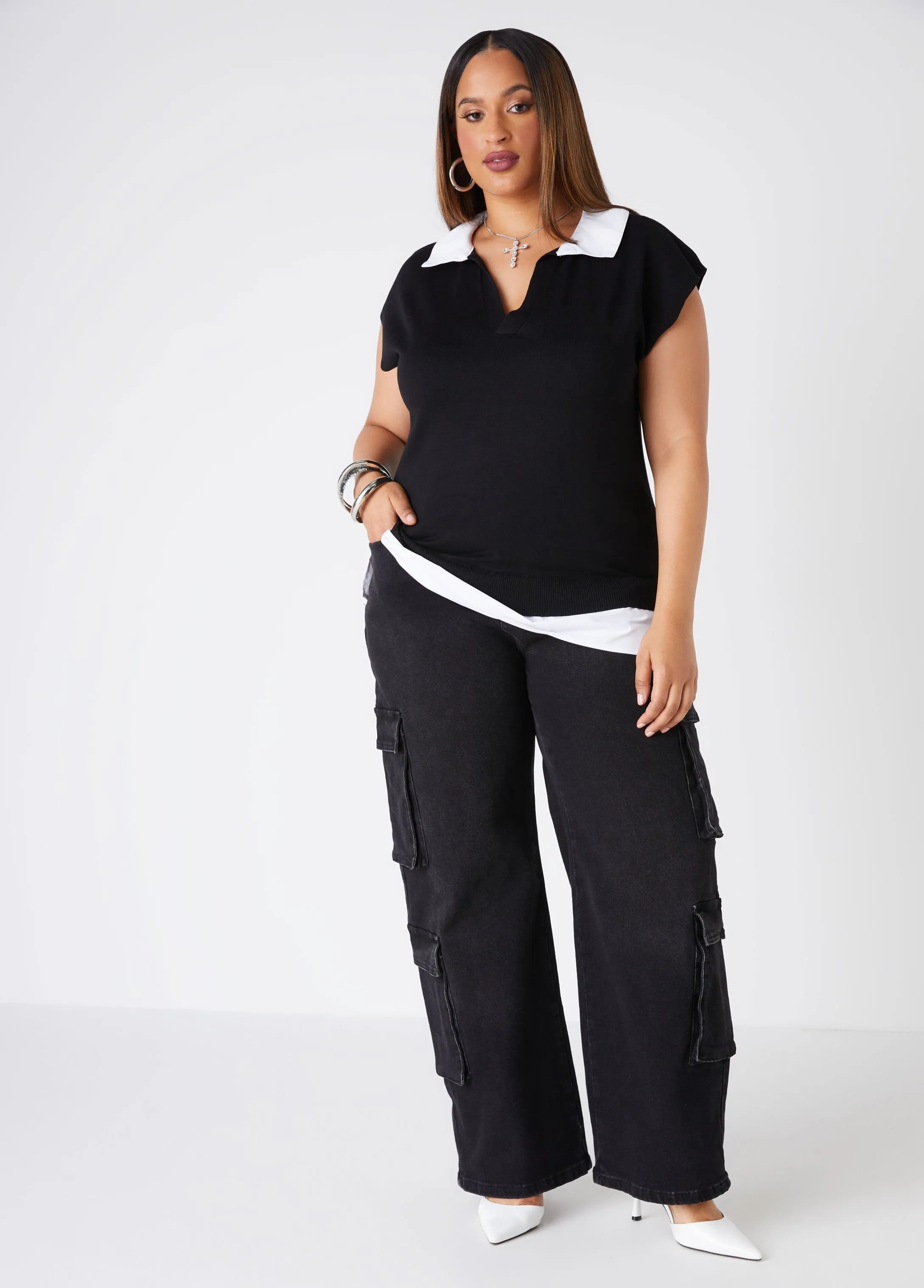 Poplin Paneled Sweater sold by Ashley Stewart product image thumbnail 3