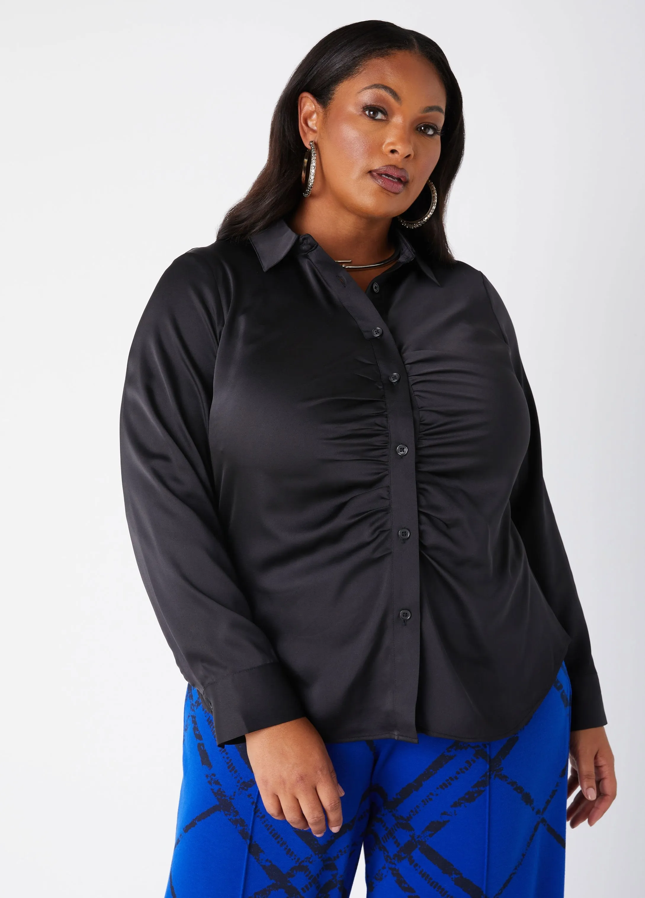 Ruched Accented Satin Shirt sold by Ashley Stewart