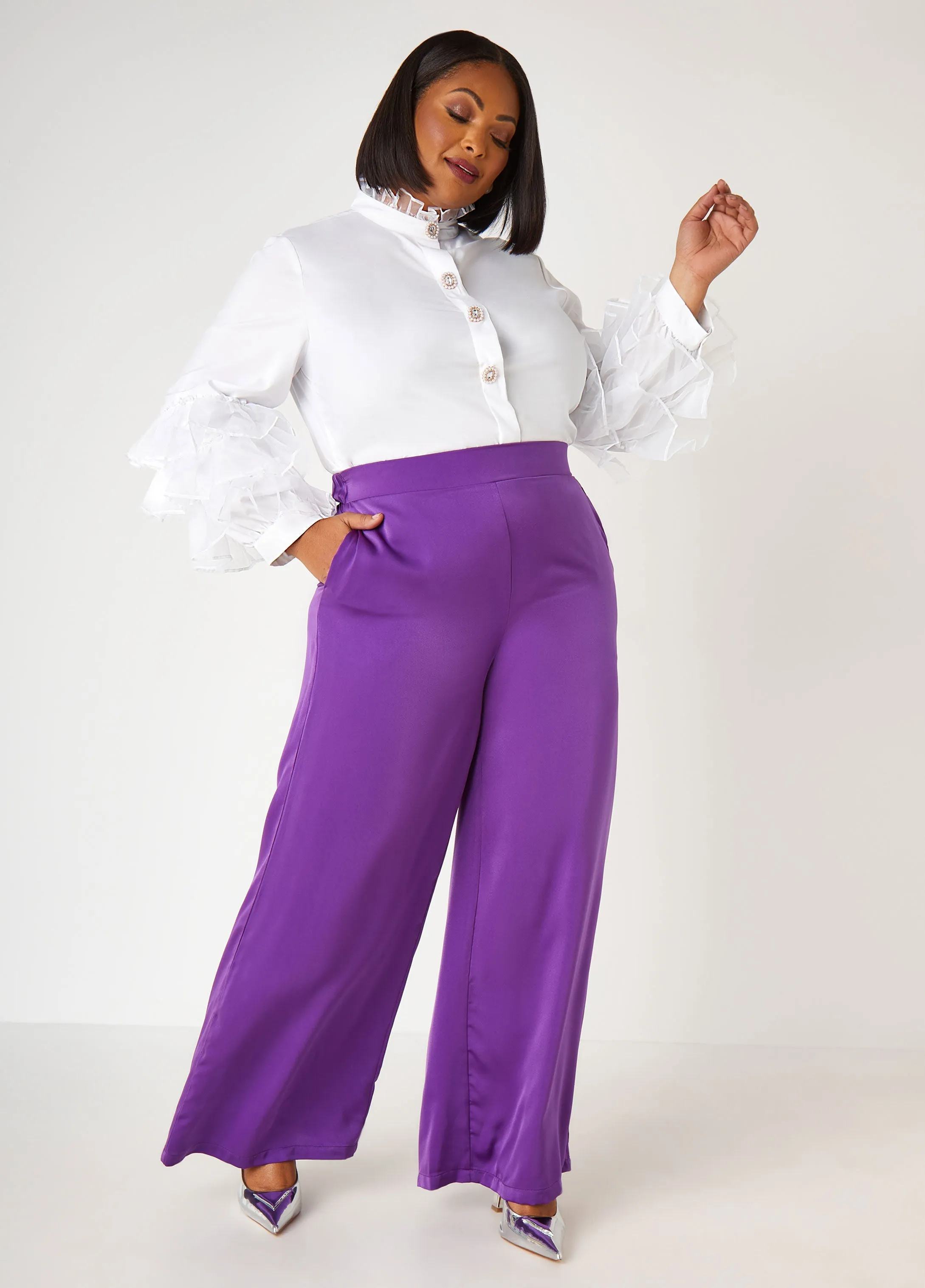 Ruffled Embellished Poplin Shirt sold by Ashley Stewart