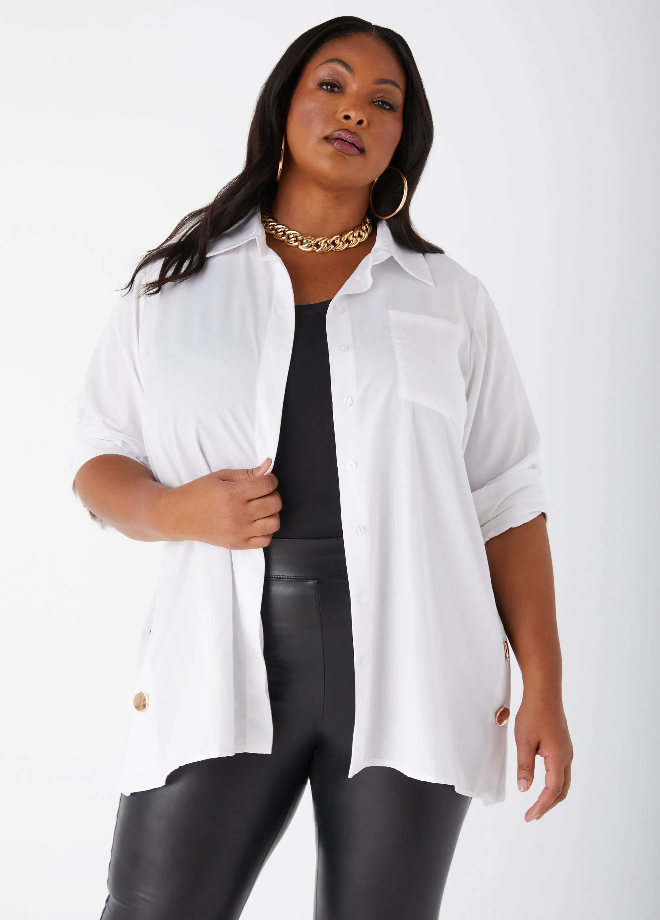 Button Detailed Poplin Shirt sold by Ashley Stewart product image thumbnail 3