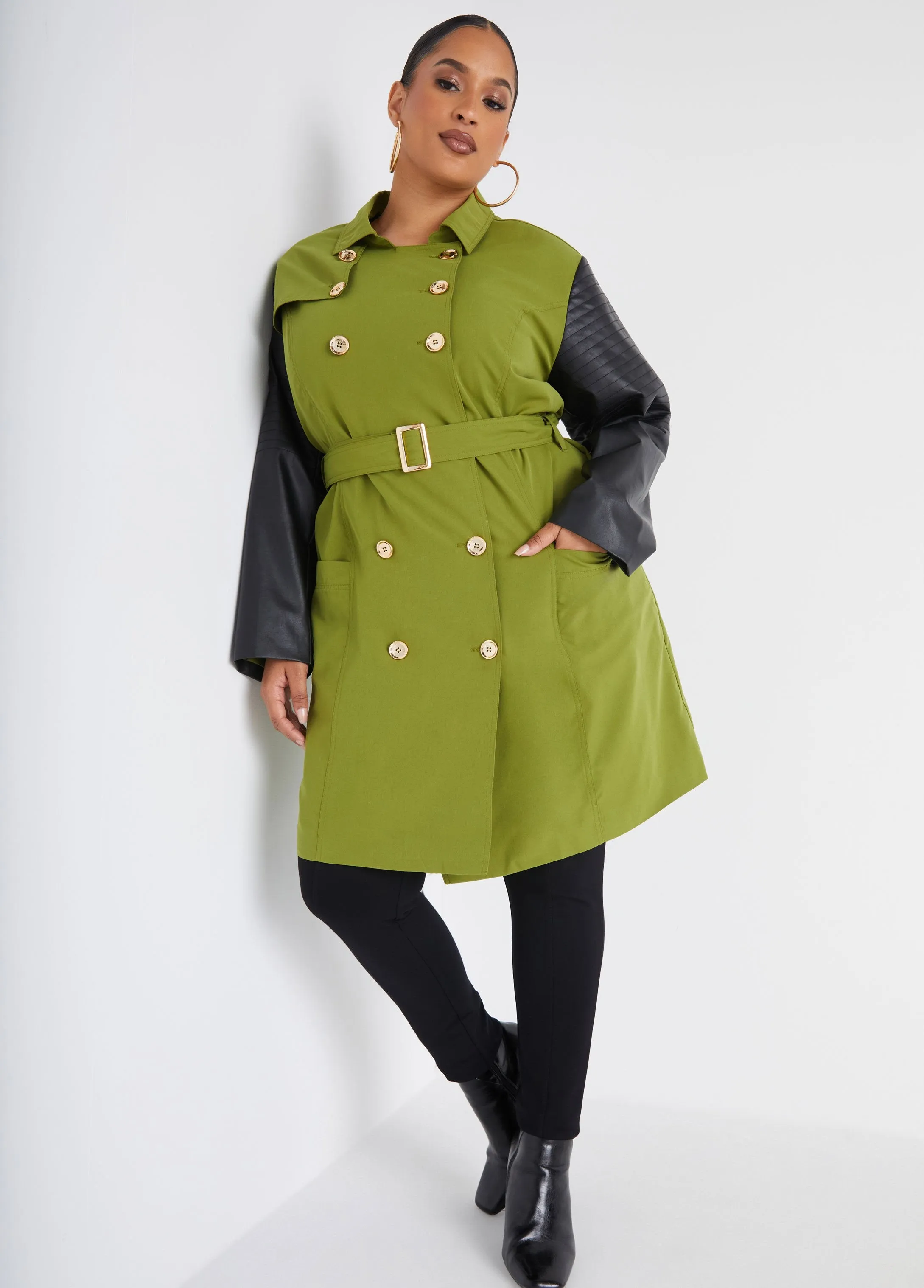 Leather Paneled Trench Coat sold by Ashley Stewart product image thumbnail 3