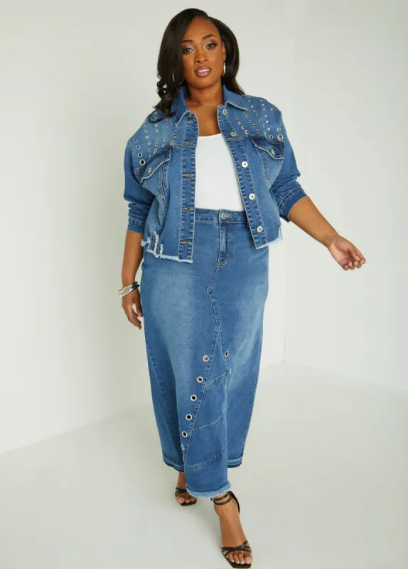 Grommet Denim Maxi Skirt sold by Ashley Stewart