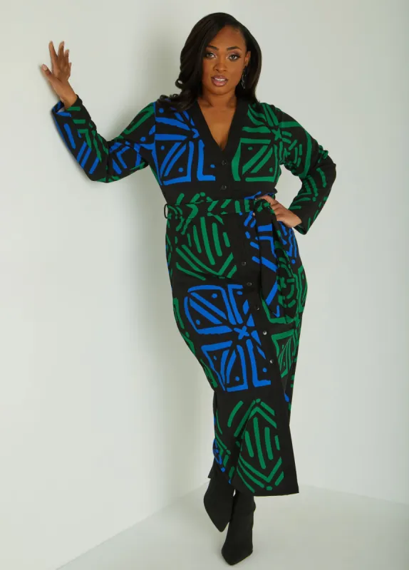 Belted Abstract Print Maxi Dress sold by Ashley Stewart