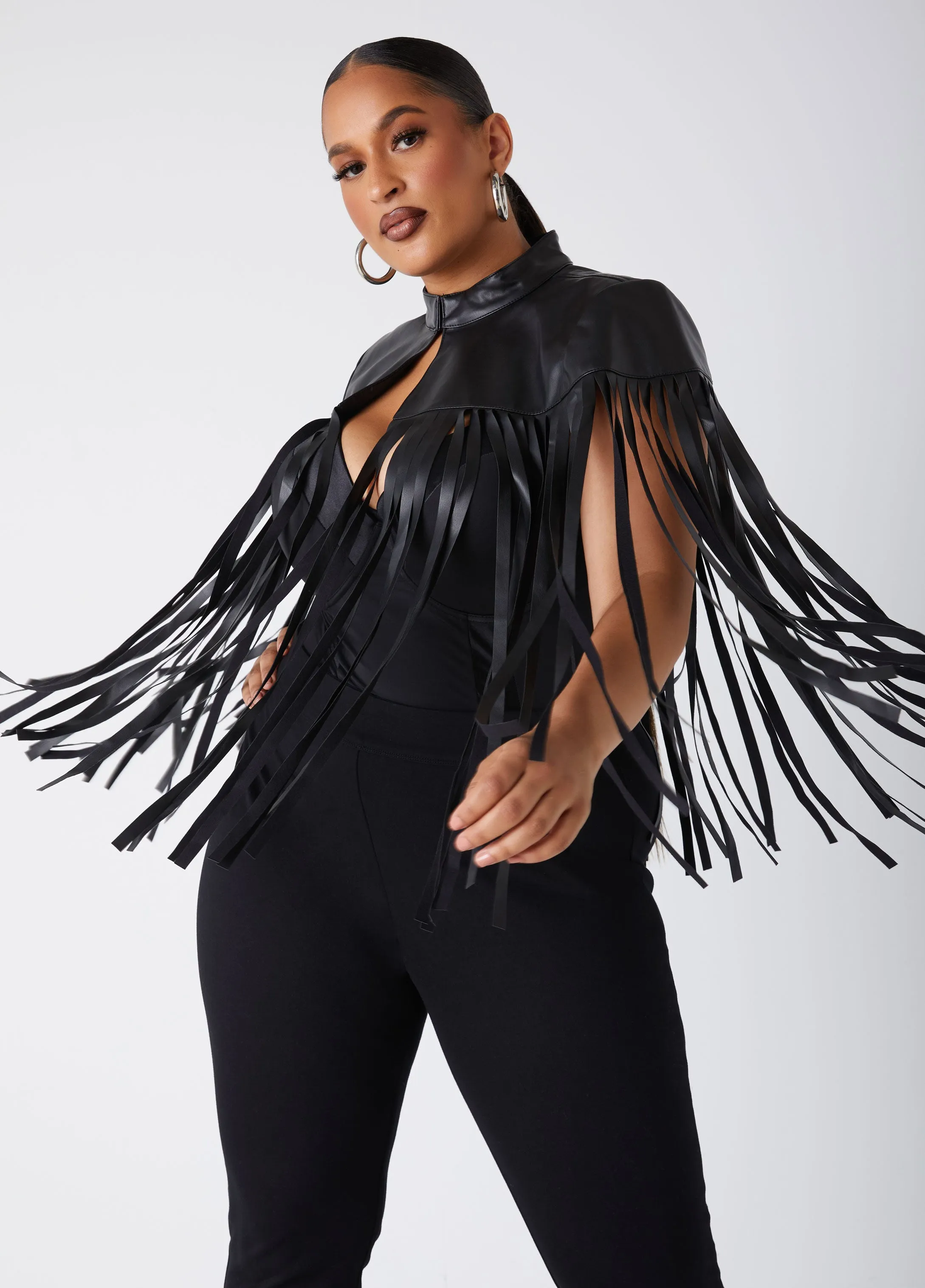 Fringed Faux Leather Cape Jacket sold by Ashley Stewart product image thumbnail 4