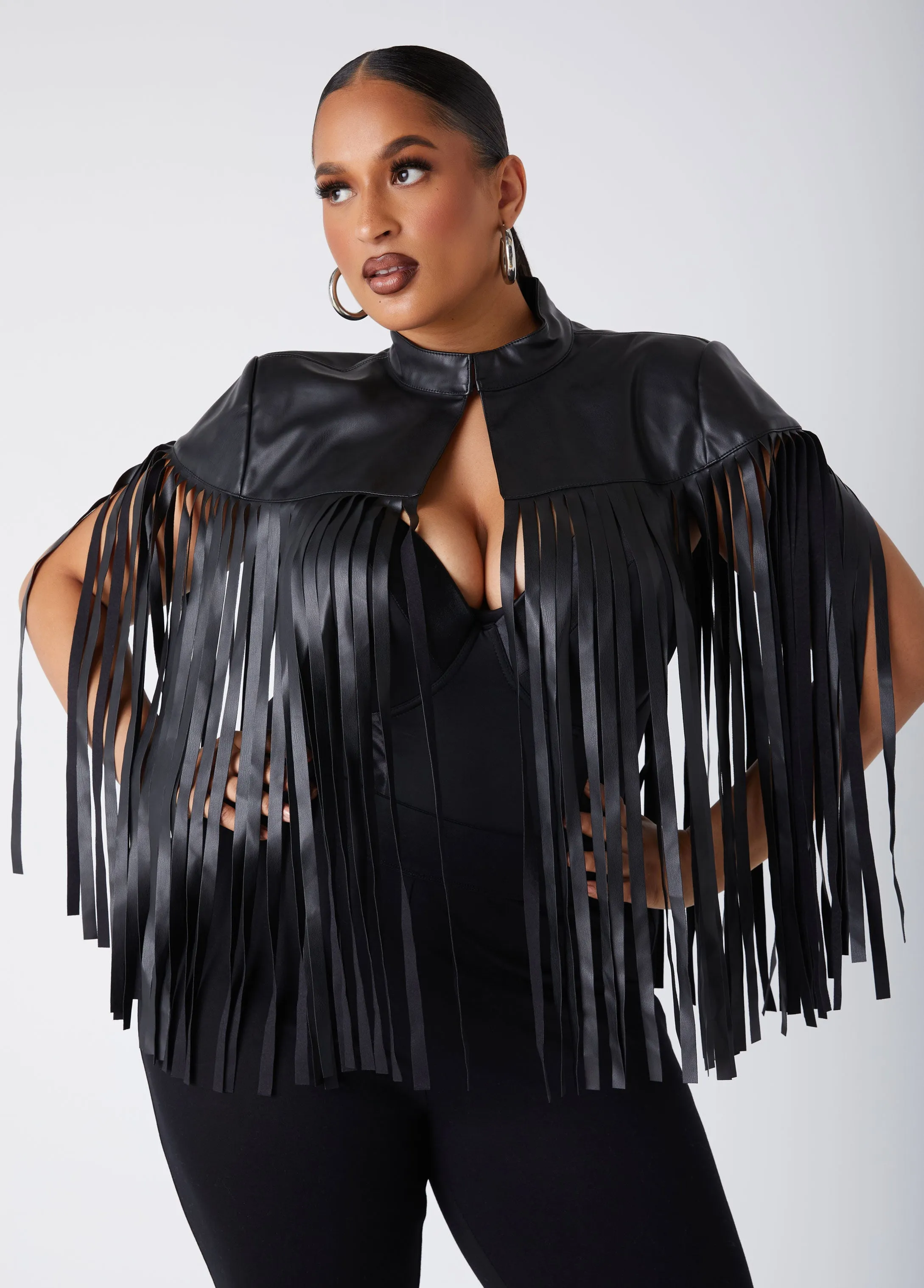 Fringed Faux Leather Cape Jacket sold by Ashley Stewart