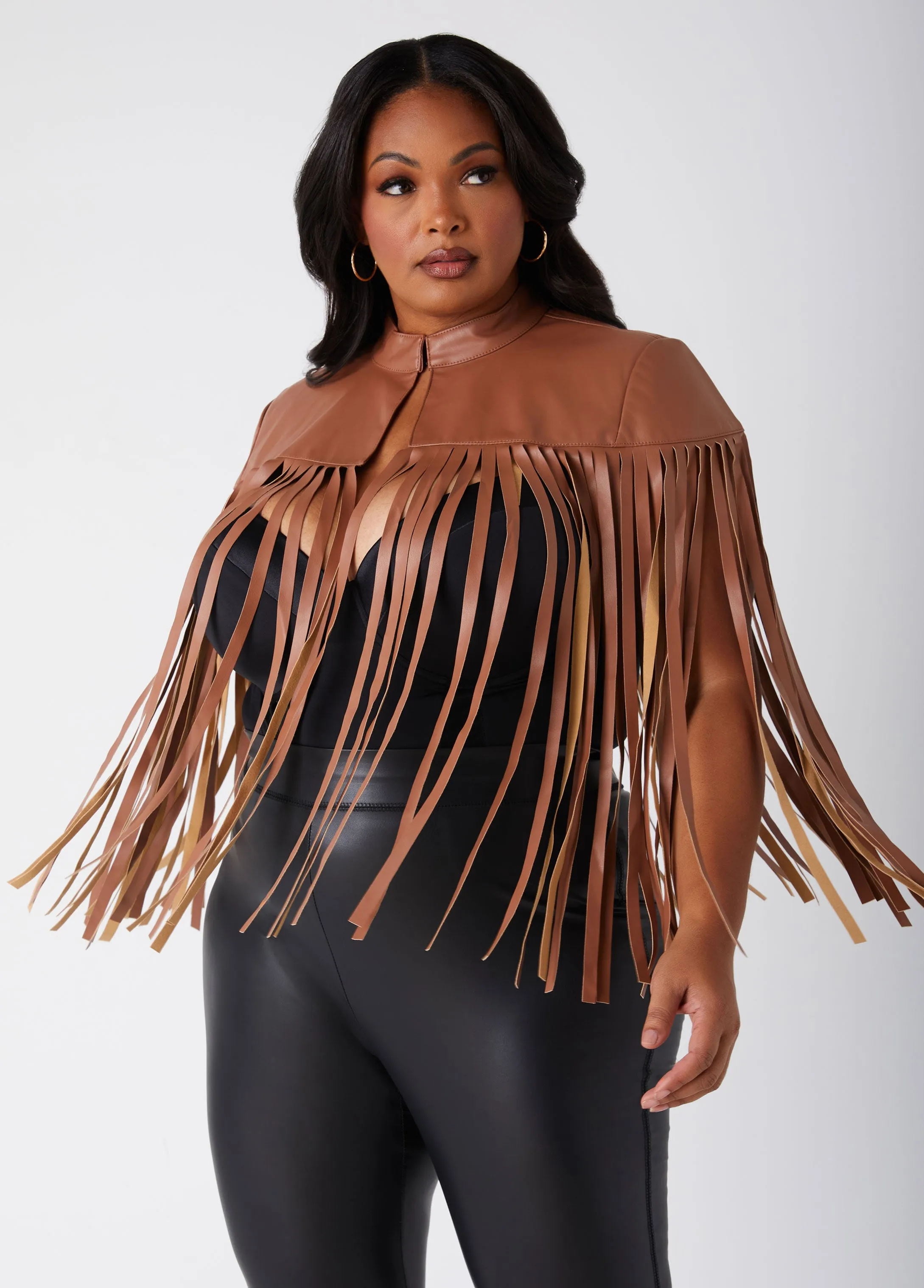 Fringed Faux Leather Cape Jacket sold by Ashley Stewart product image thumbnail 5