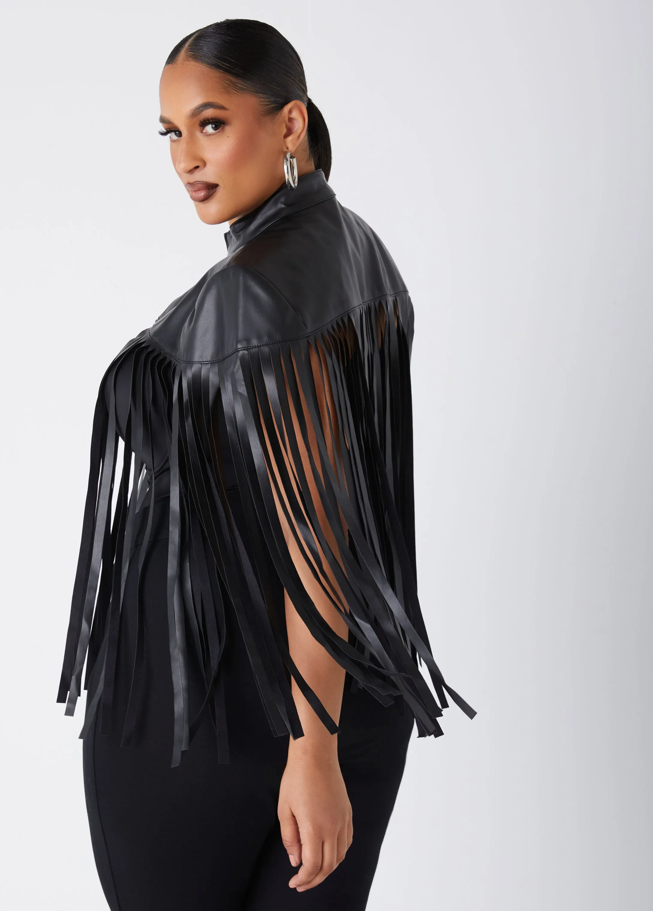 Fringed Faux Leather Cape Jacket sold by Ashley Stewart product image thumbnail 2