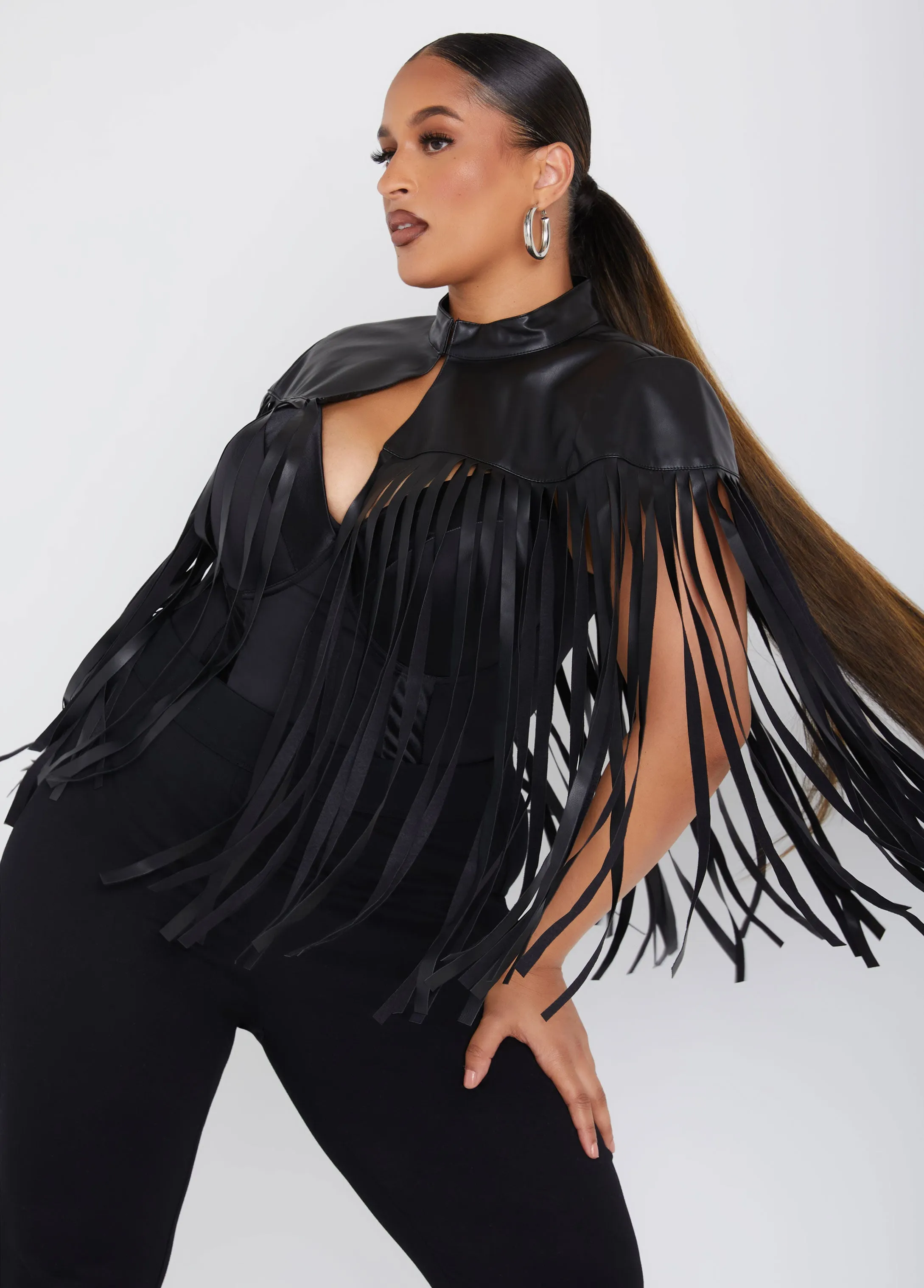 Fringed Faux Leather Cape Jacket sold by Ashley Stewart product image thumbnail 3