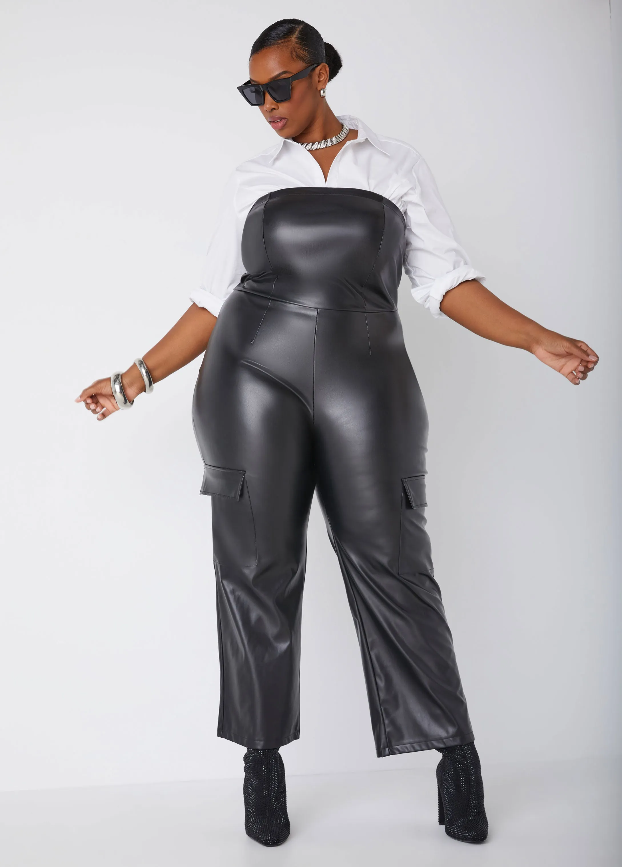 Strapless Faux Leather Jumpsuit sold by Ashley Stewart