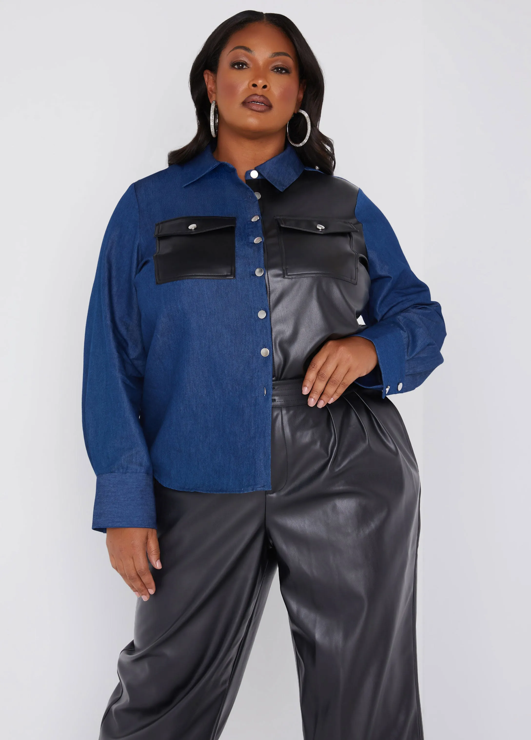 Faux Leather And Chambray Shirt sold by Ashley Stewart