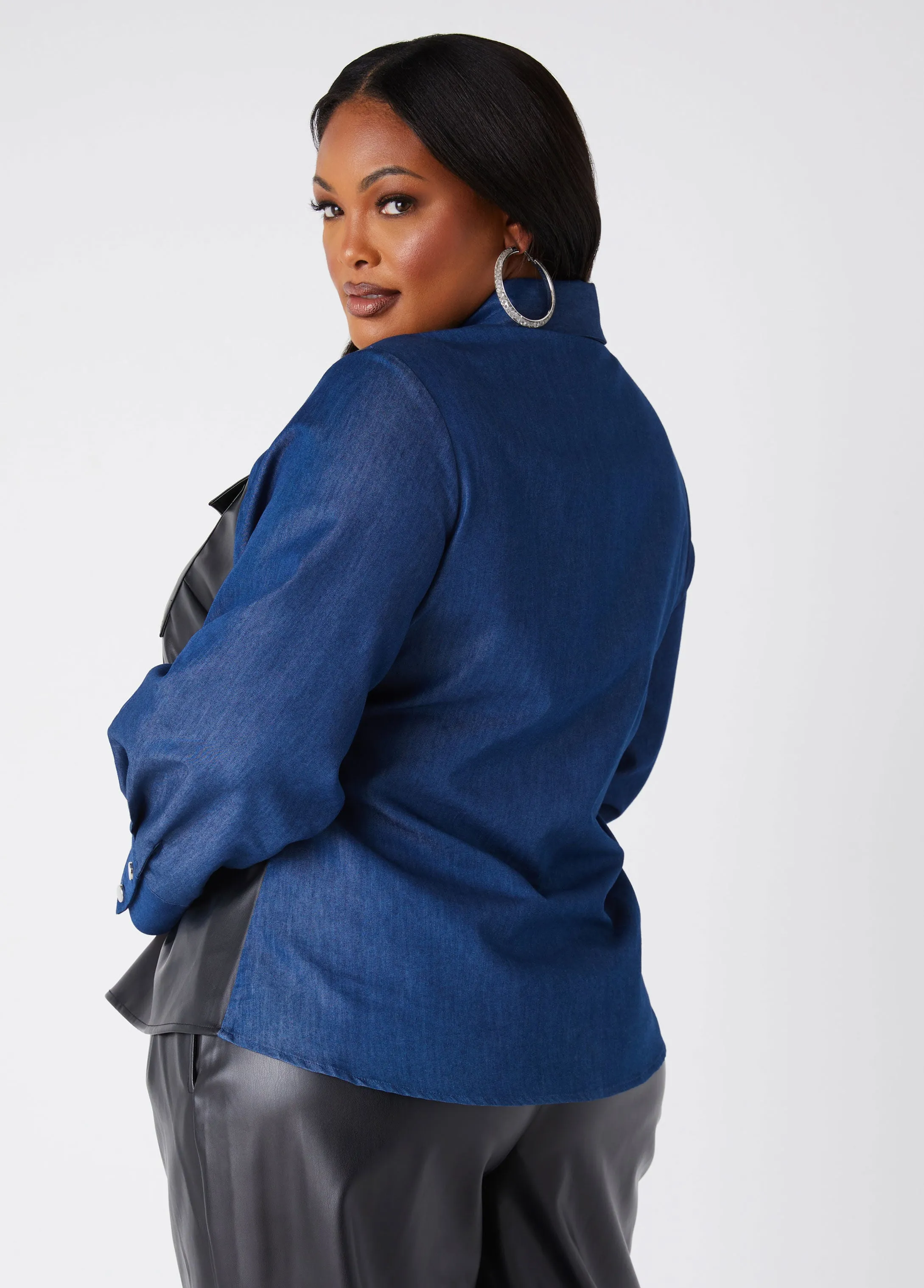 Faux Leather And Chambray Shirt sold by Ashley Stewart product image thumbnail 2
