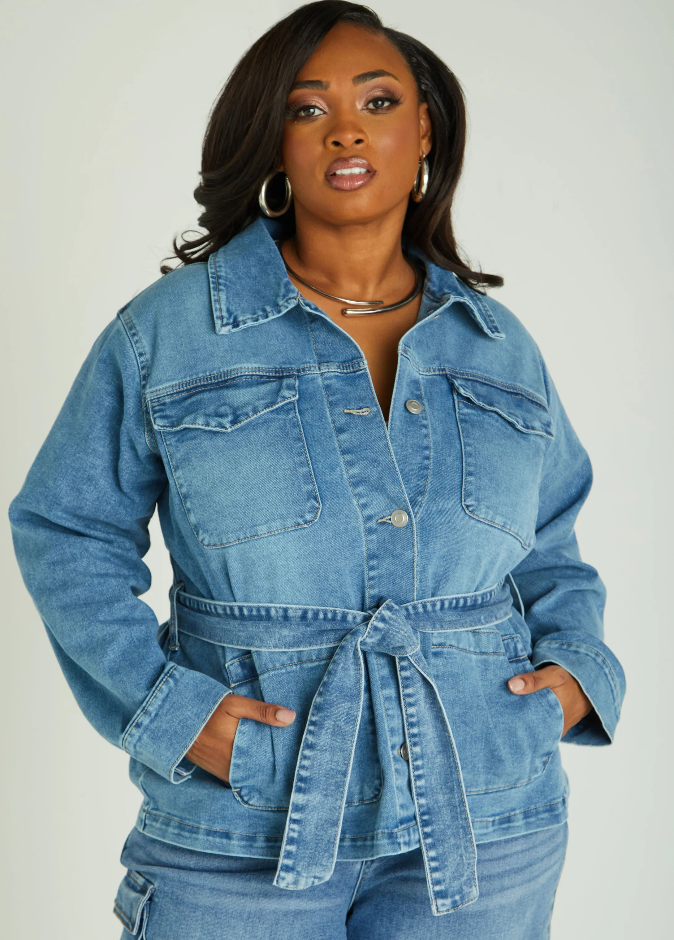 Belted Denim Shacket sold by Ashley Stewart