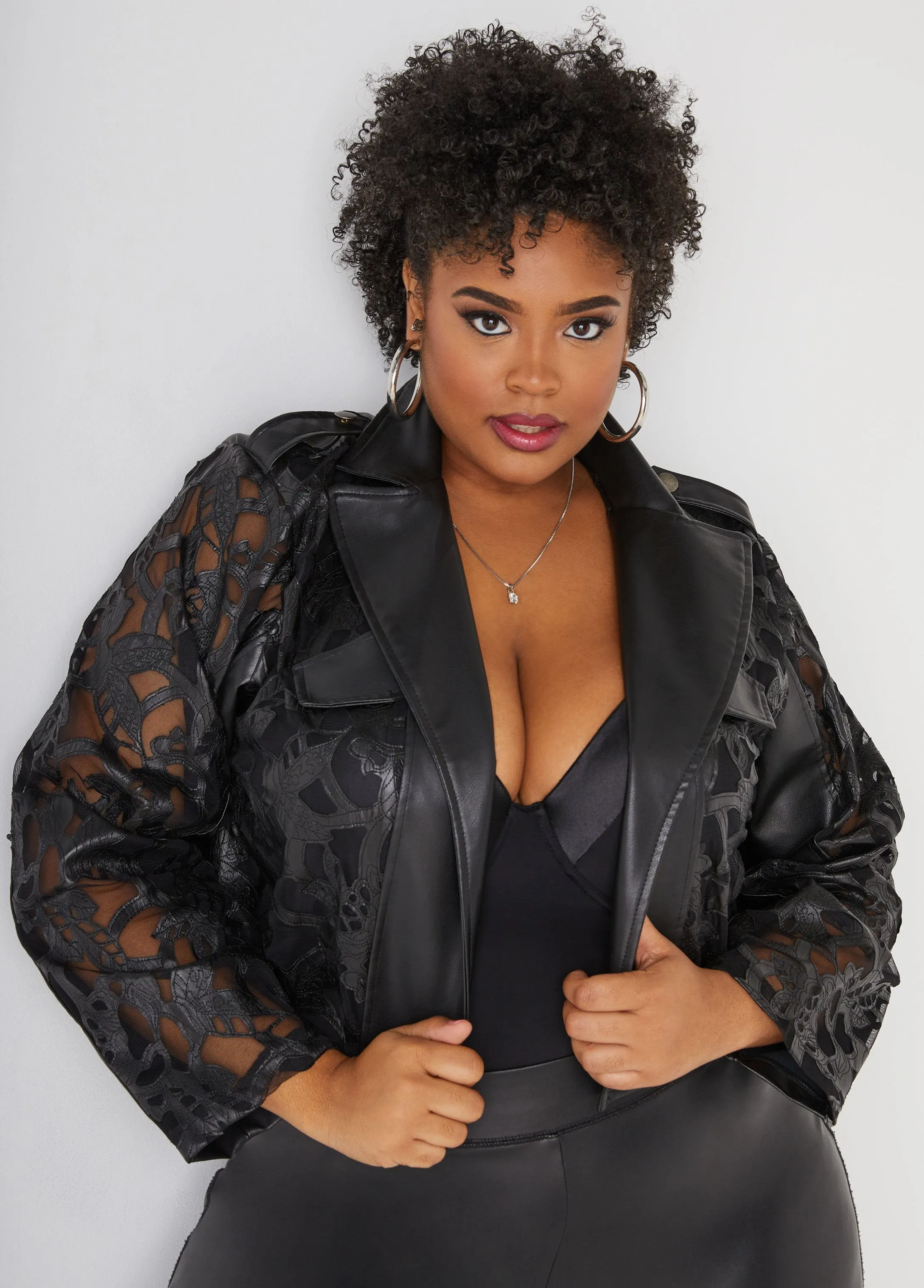 Mesh Paneled Faux Leather Jacket sold by Ashley Stewart