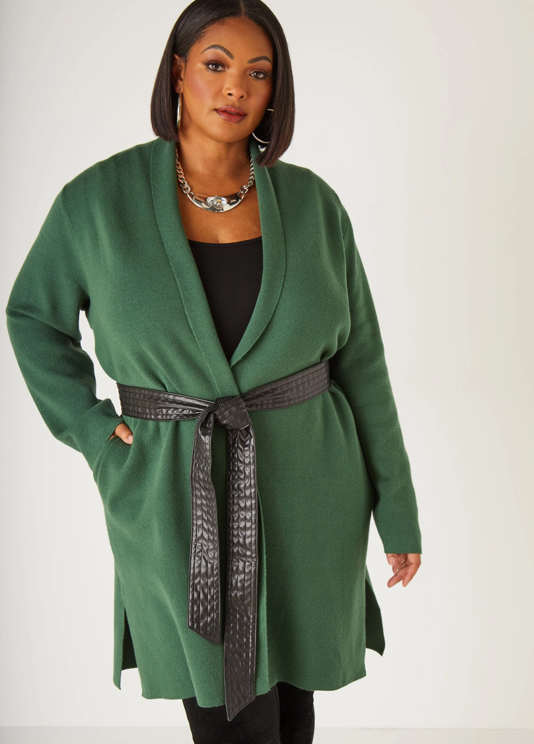 Faux Leather Trimmed Duster sold by Ashley Stewart