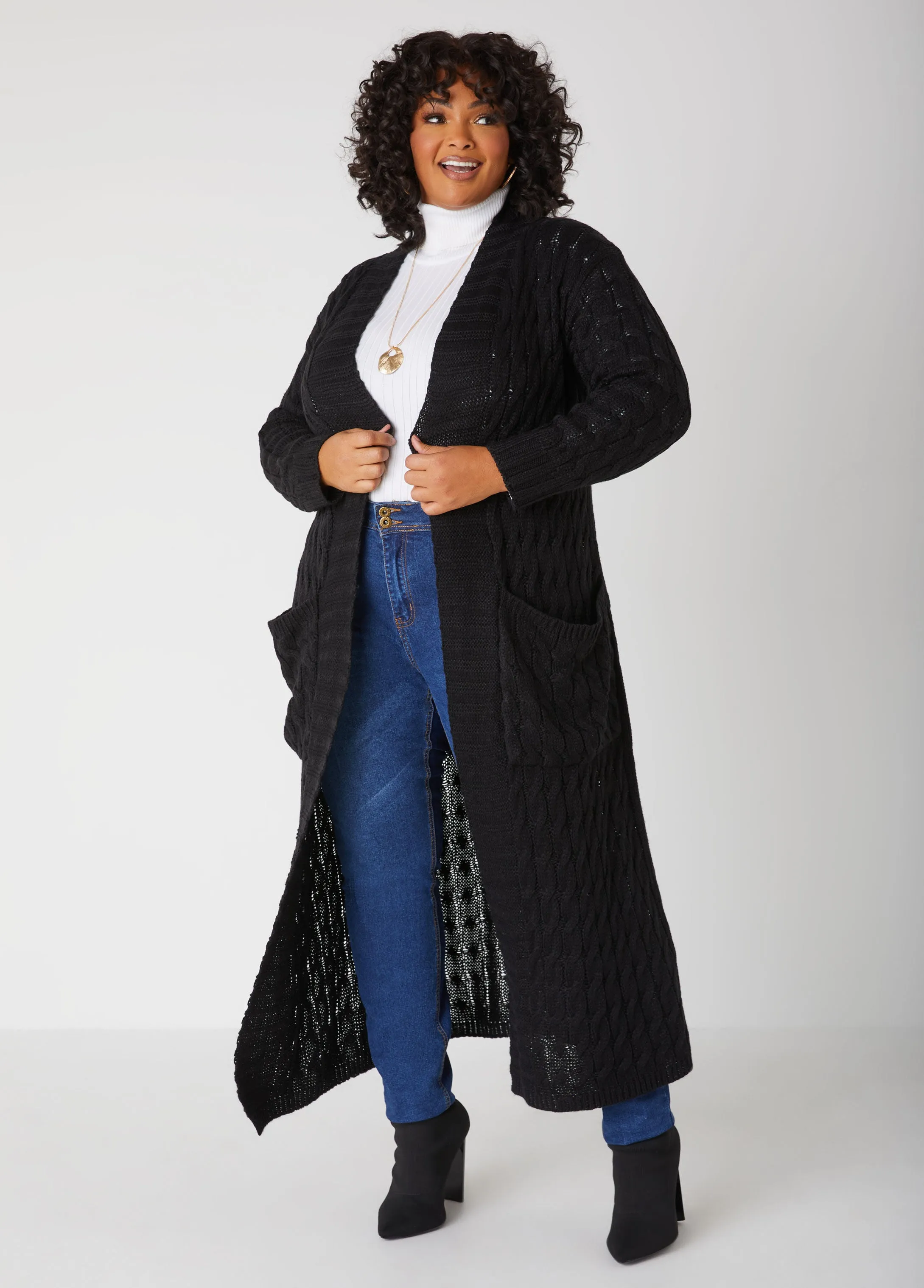 Cable Knit Open Front Duster sold by Ashley Stewart
