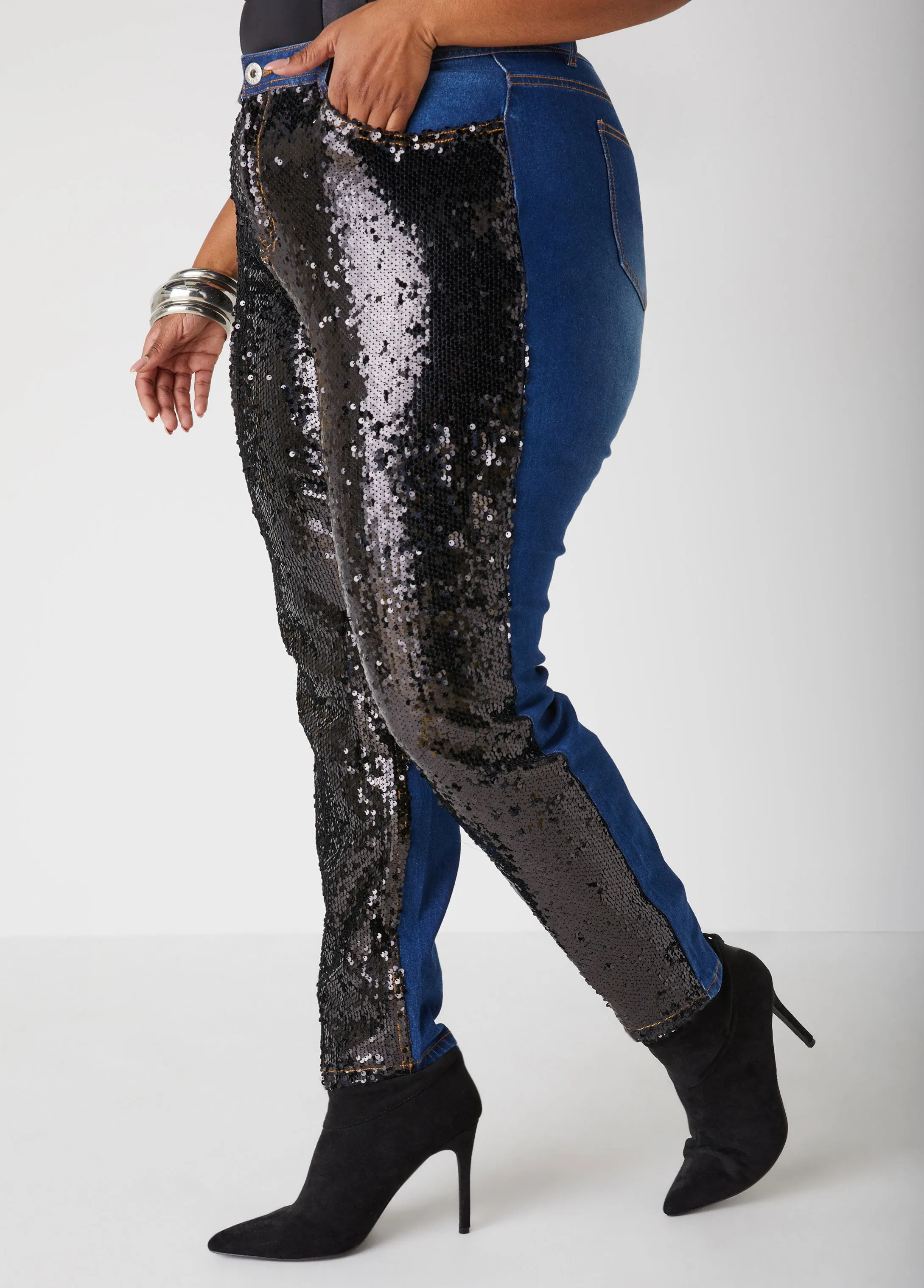 Sequined Mid Rise Skinny Jeans sold by Ashley Stewart product image thumbnail 4