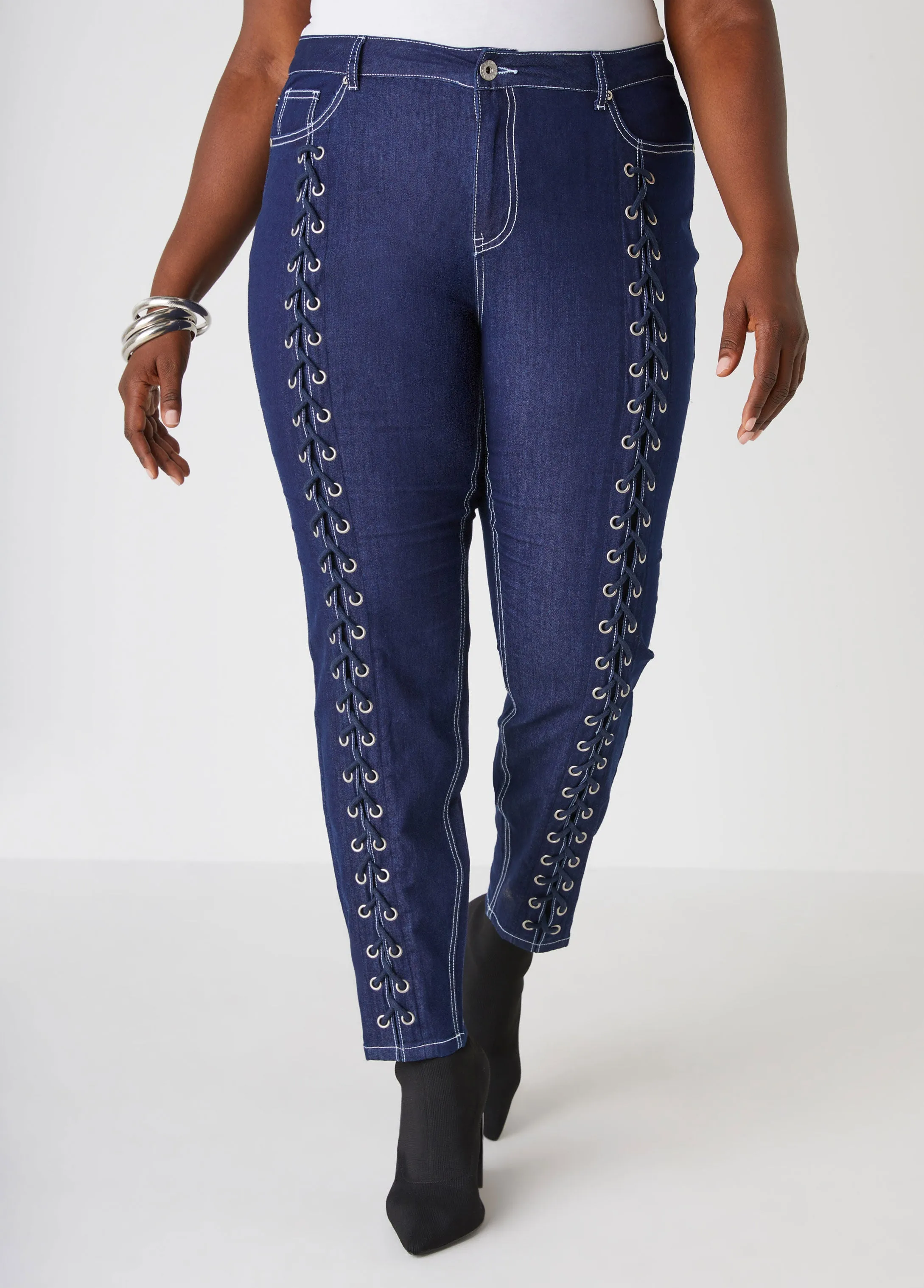 Lace Up Mid Rise Skinny Jeans sold by Ashley Stewart product image thumbnail 3