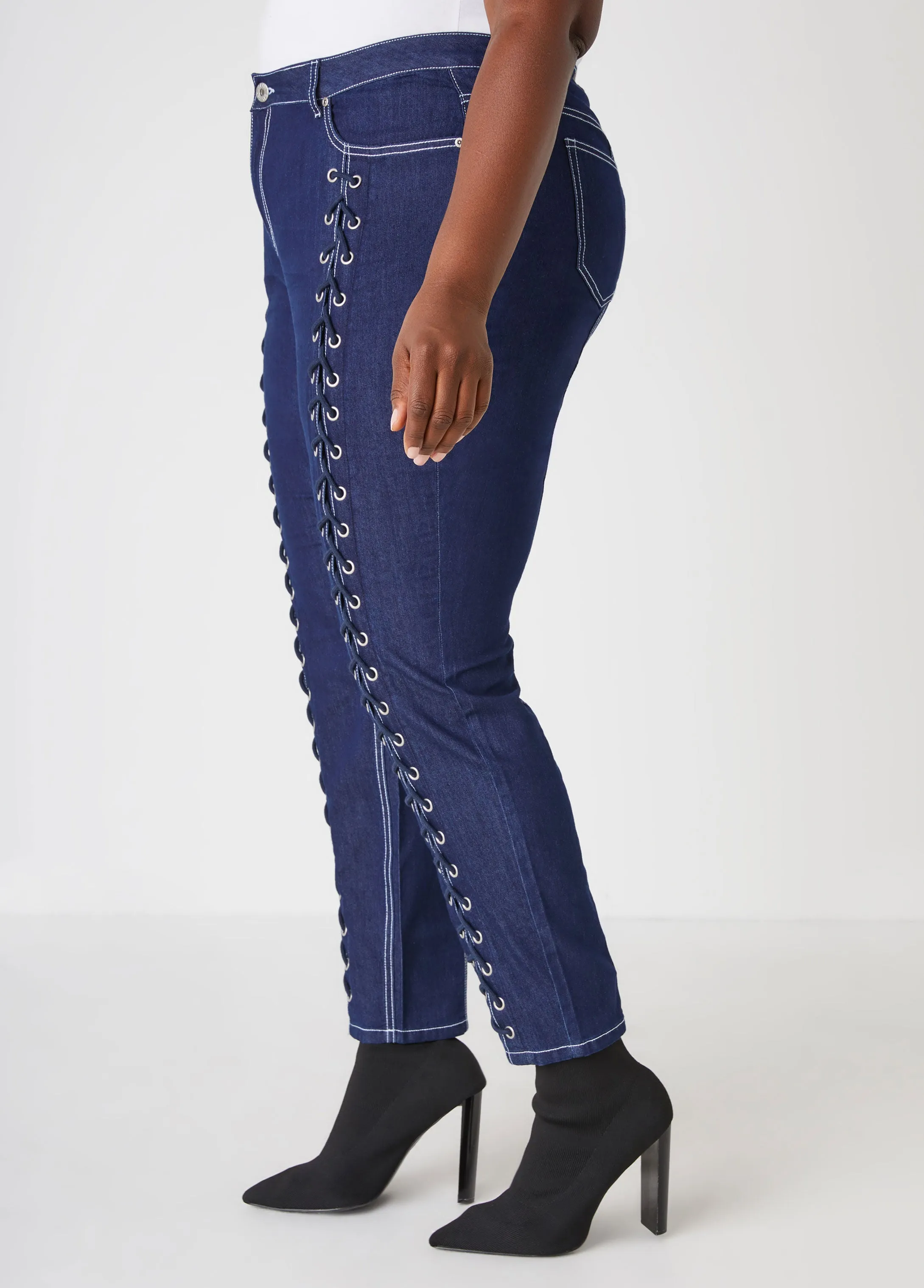 Lace Up Mid Rise Skinny Jeans sold by Ashley Stewart product image thumbnail 4