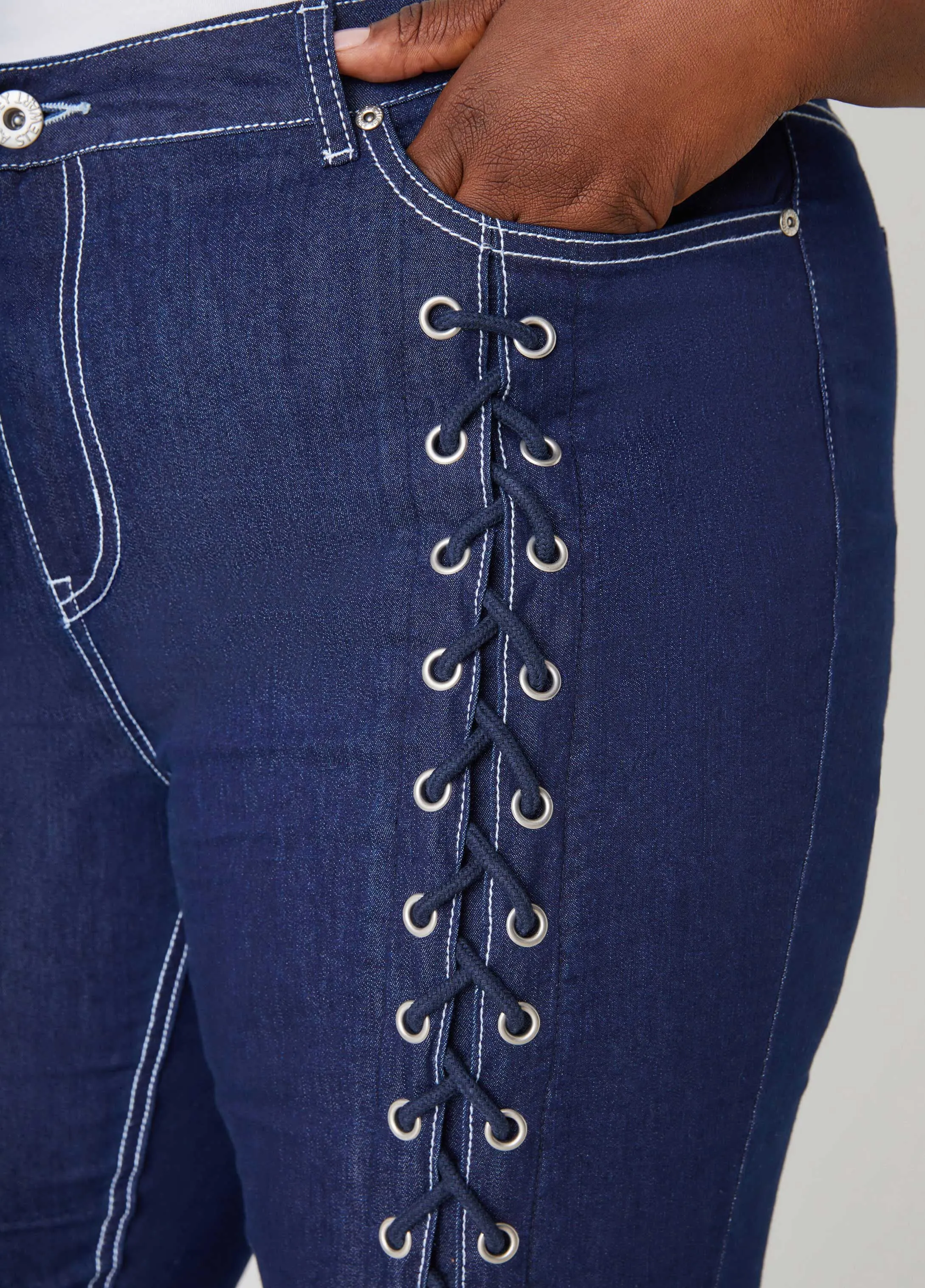 Lace Up Mid Rise Skinny Jeans sold by Ashley Stewart product image thumbnail 5