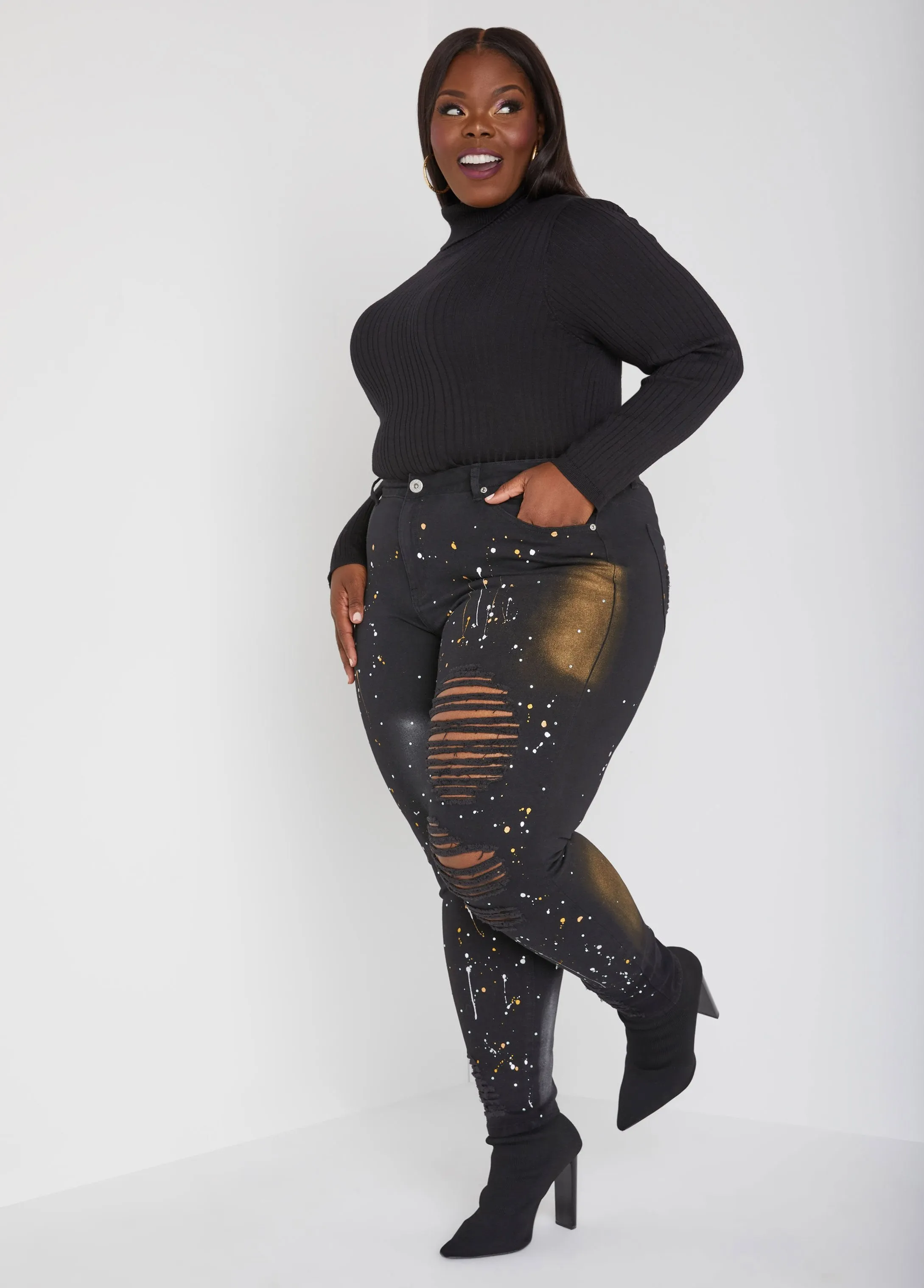 Embellished Painted Skinny Jeans sold by Ashley Stewart