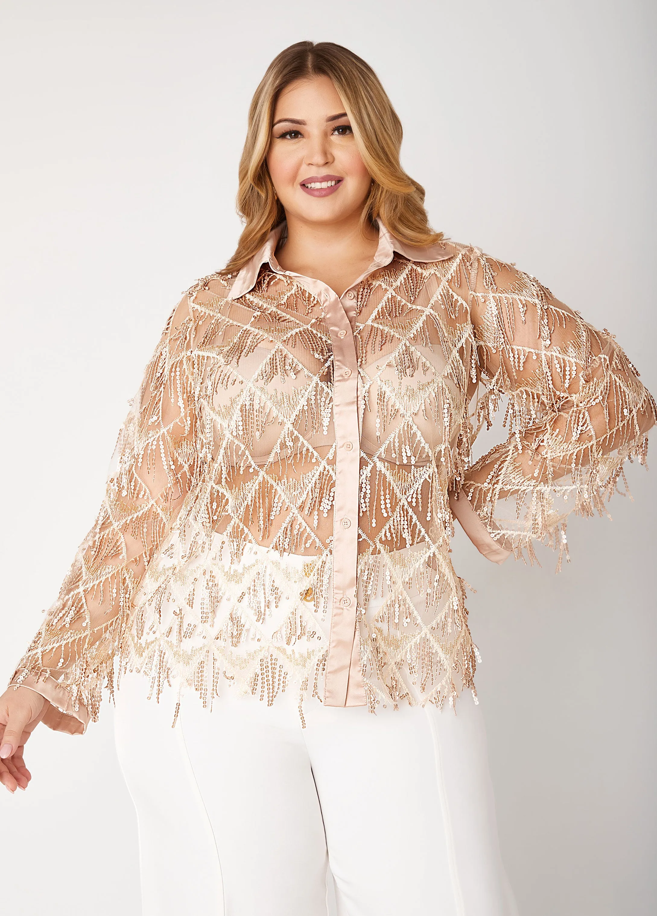 Fringed Sequin Mesh Shirt sold by Ashley Stewart