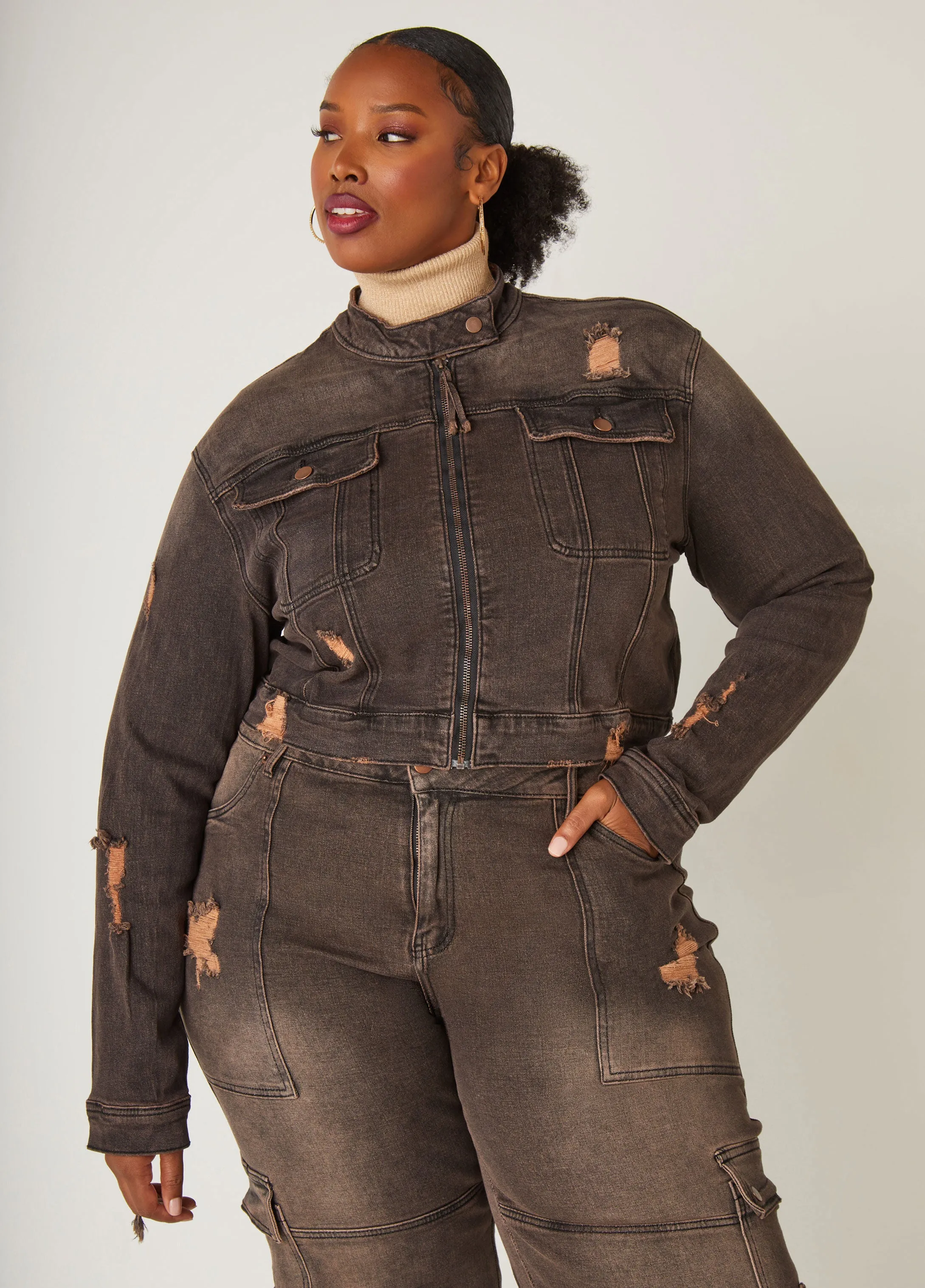 Cropped Distressed Denim Jacket sold by Ashley Stewart product image thumbnail 5