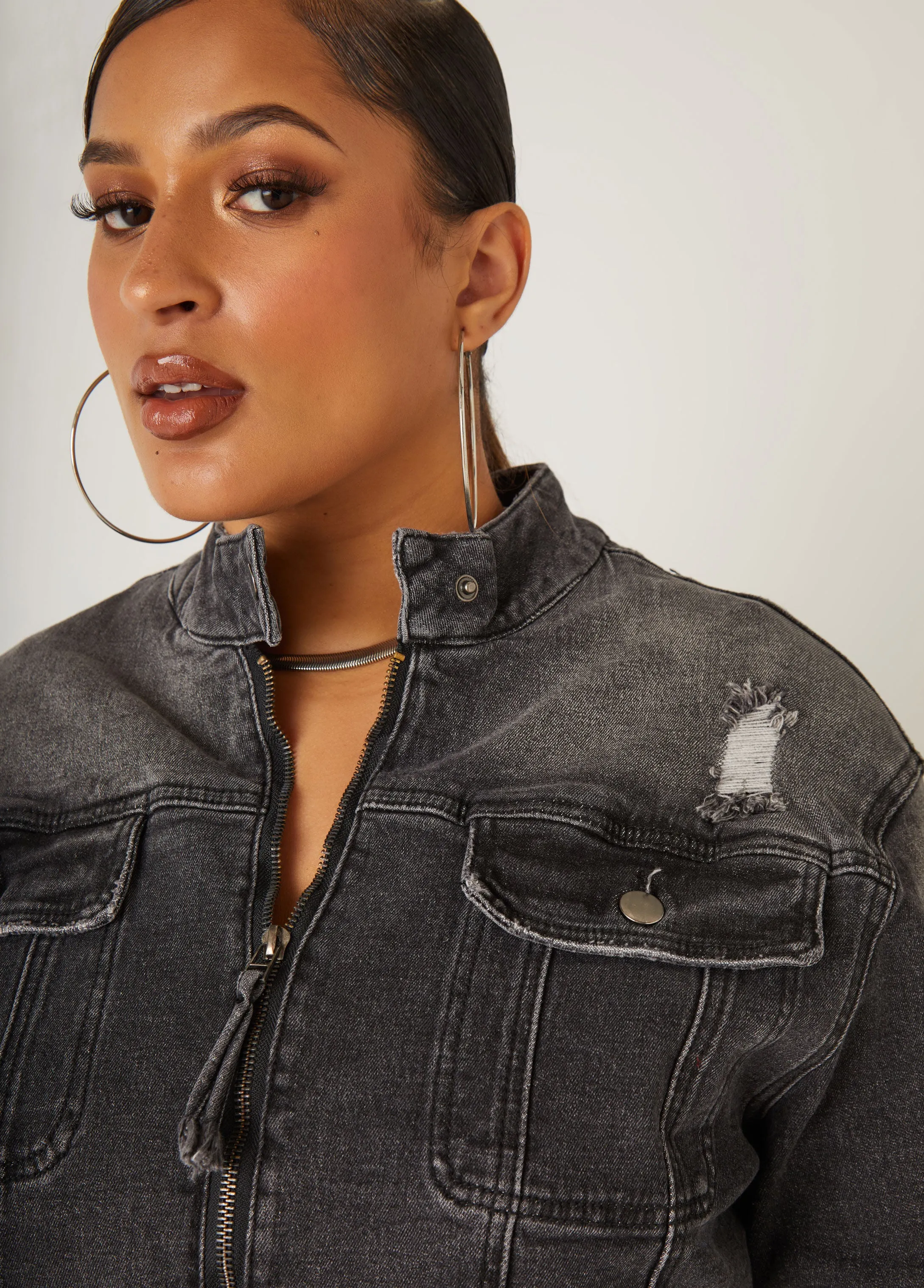 Cropped Distressed Denim Jacket sold by Ashley Stewart product image thumbnail 3