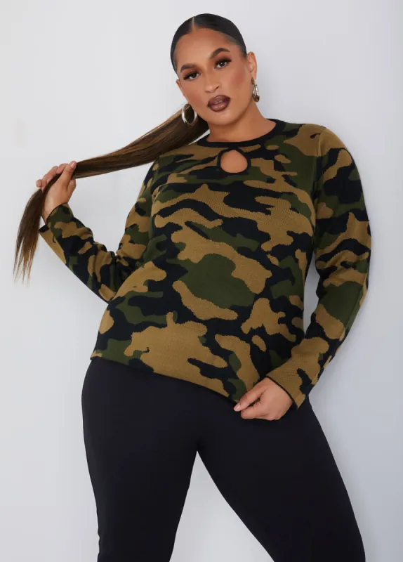 Camo Keyhole Sweater sold by Ashley Stewart