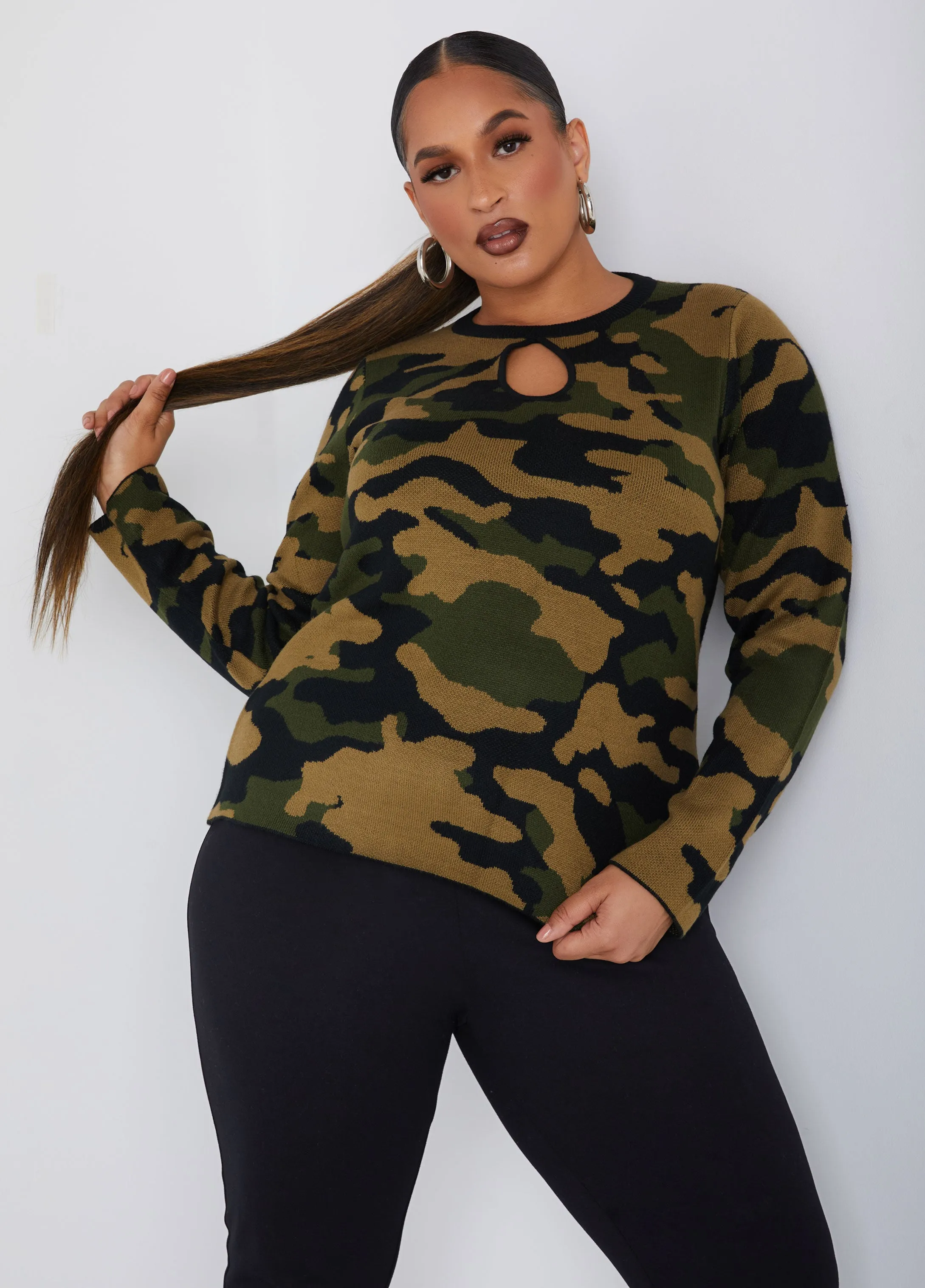 Camo Keyhole Sweater sold by Ashley Stewart