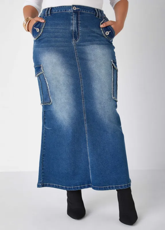Frayed Denim Cargo Maxi Skirt sold by Ashley Stewart