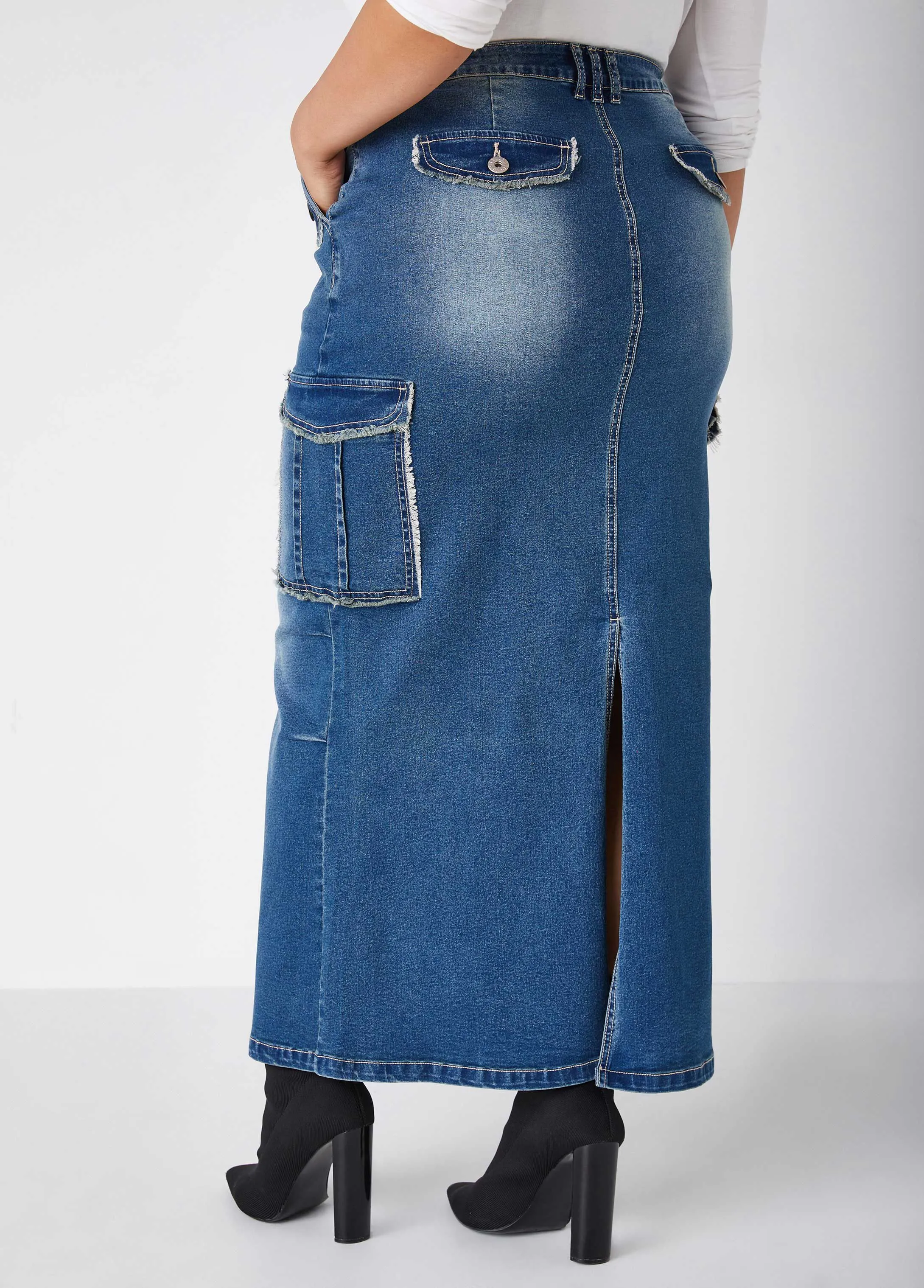 Frayed Denim Cargo Maxi Skirt sold by Ashley Stewart product image thumbnail 2