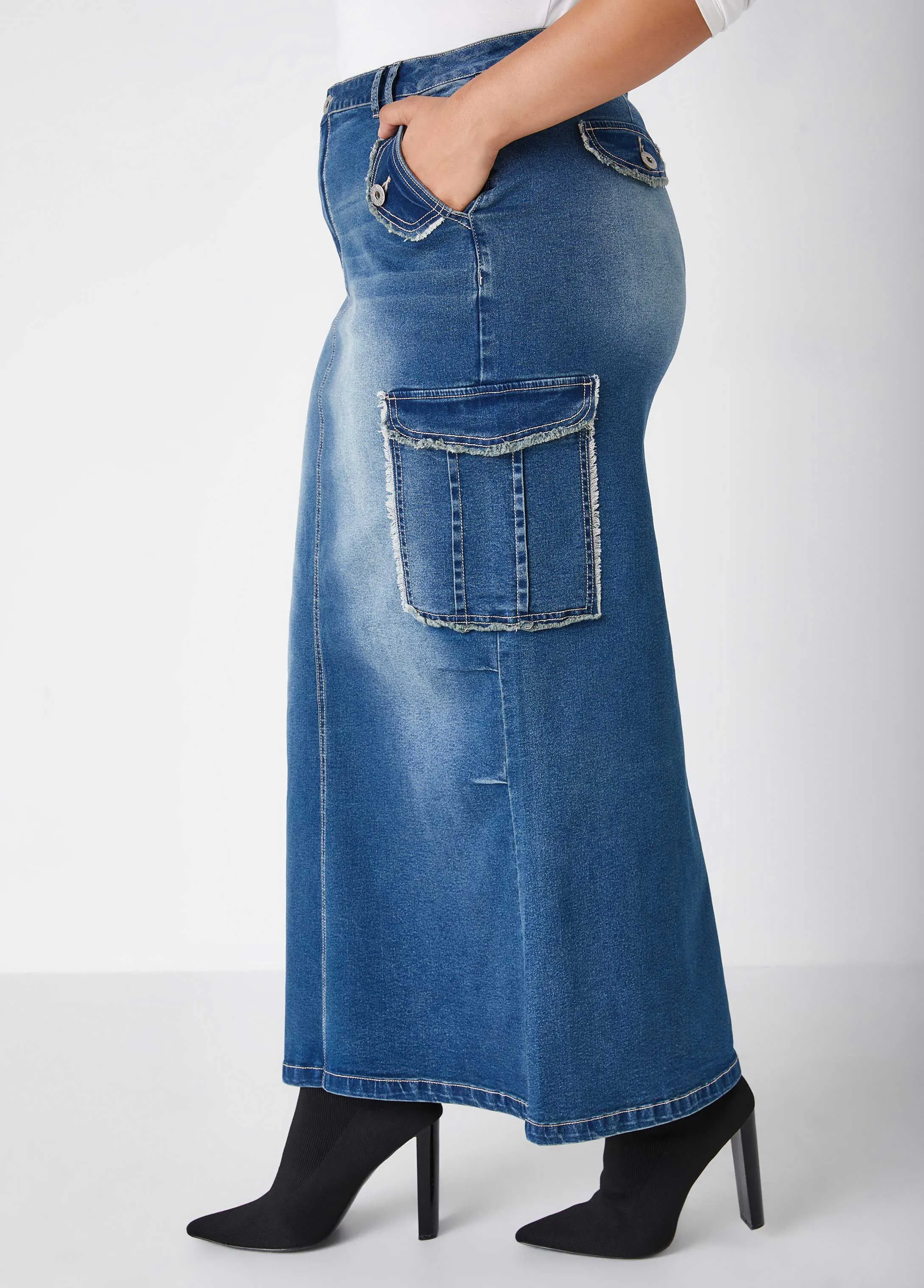 Frayed Denim Cargo Maxi Skirt sold by Ashley Stewart product image thumbnail 3