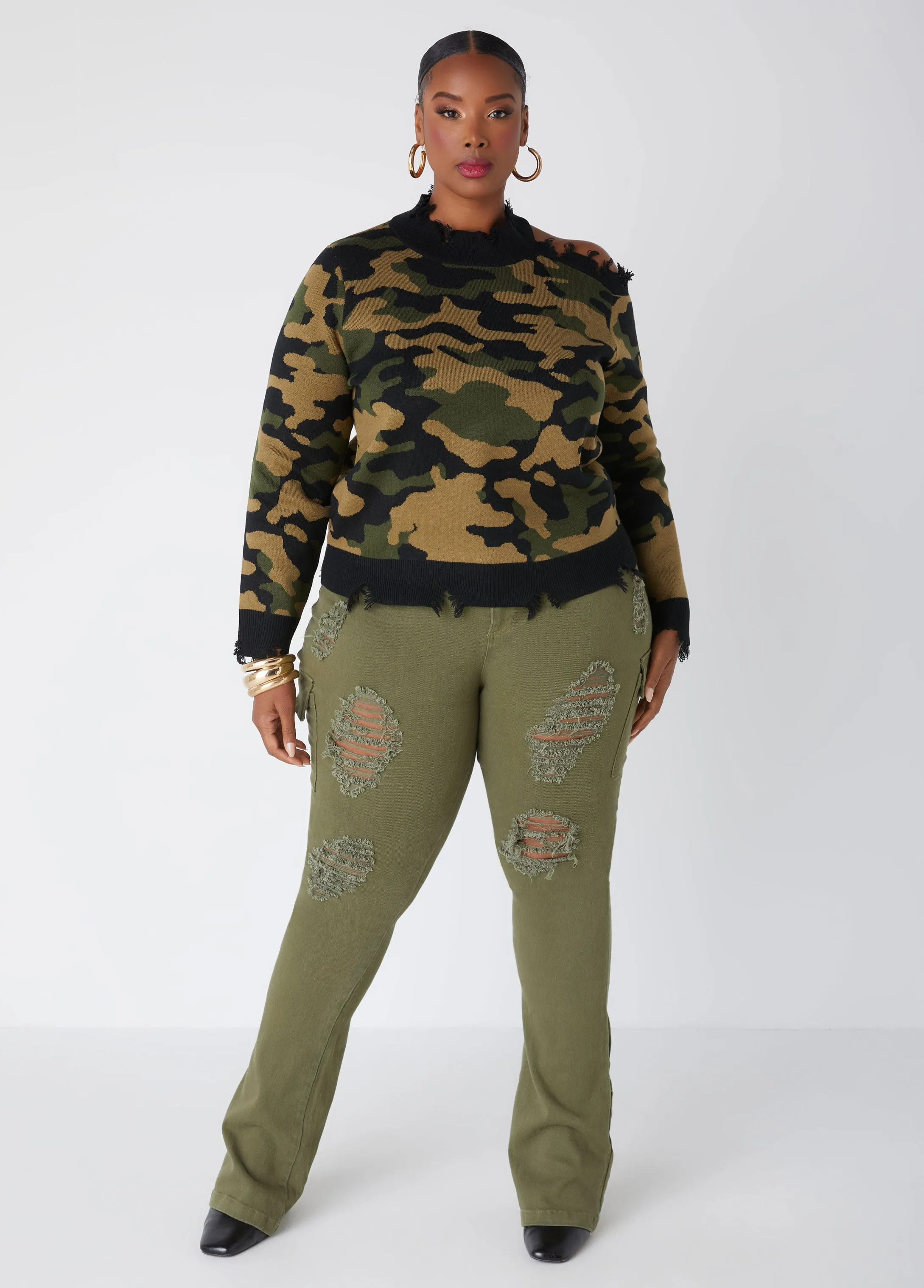 Distressed Cutout Camo Sweater sold by Ashley Stewart product image thumbnail 4