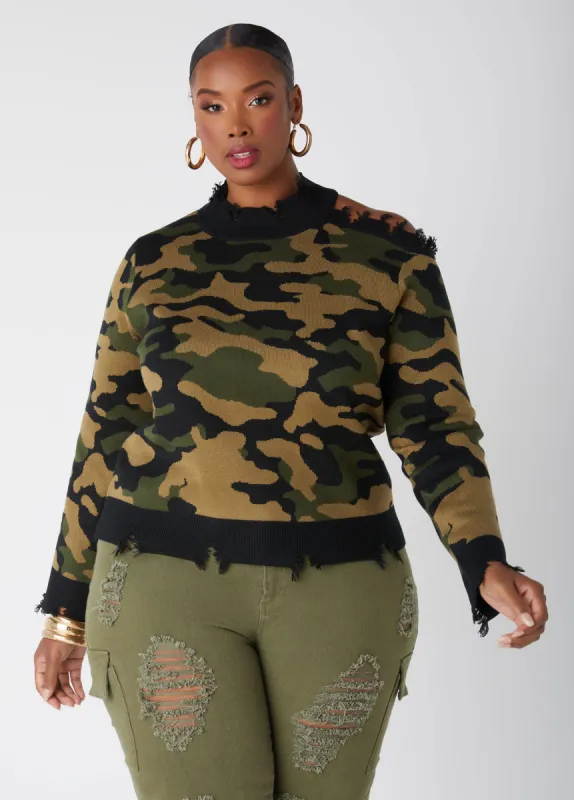 Distressed Cutout Camo Sweater sold by Ashley Stewart