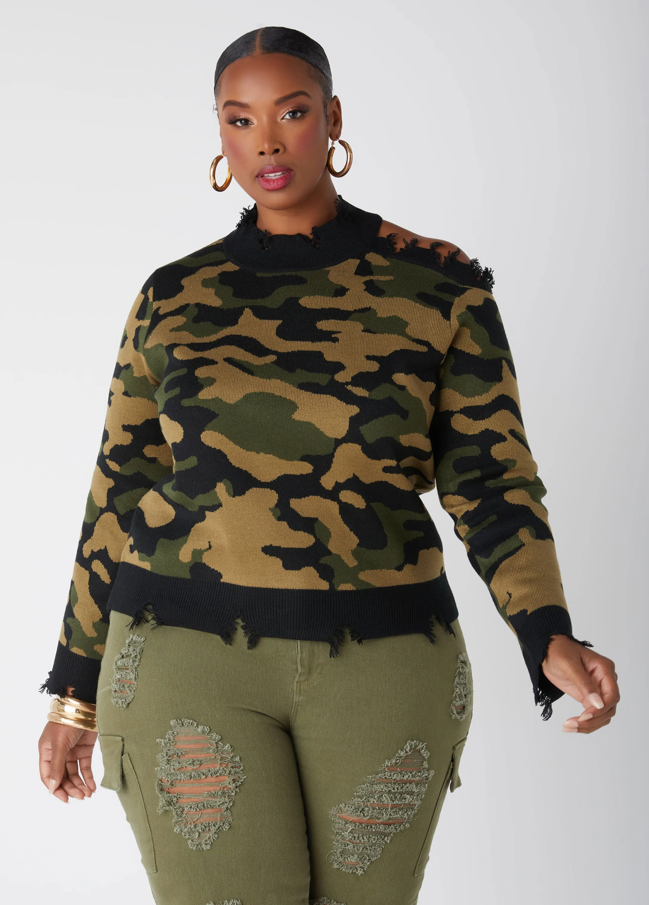 Distressed Cutout Camo Sweater sold by Ashley Stewart