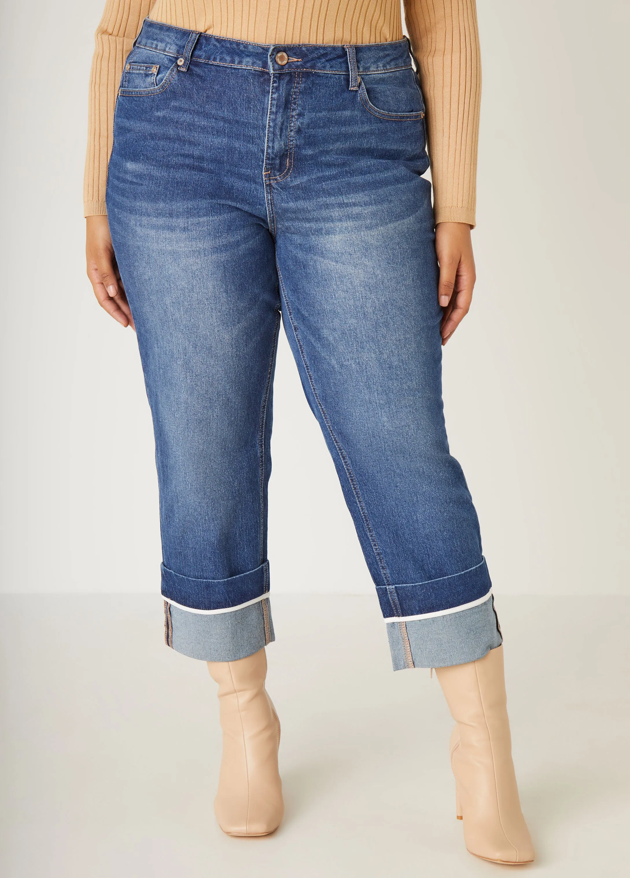 High Rise Cuffed Straight Leg Jeans sold by Ashley Stewart