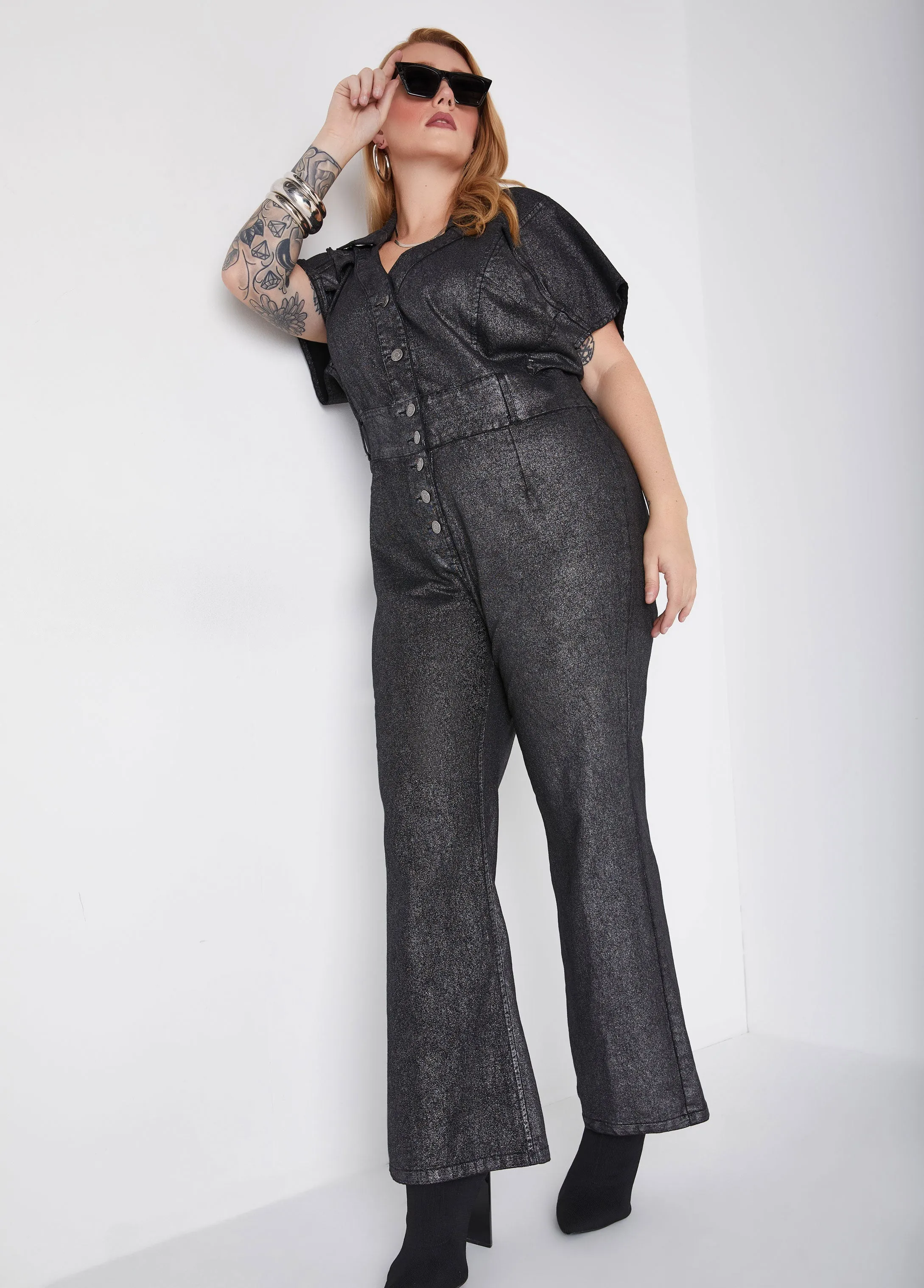 Metallic Coated Denim Jumpsuit sold by Ashley Stewart product image thumbnail 3