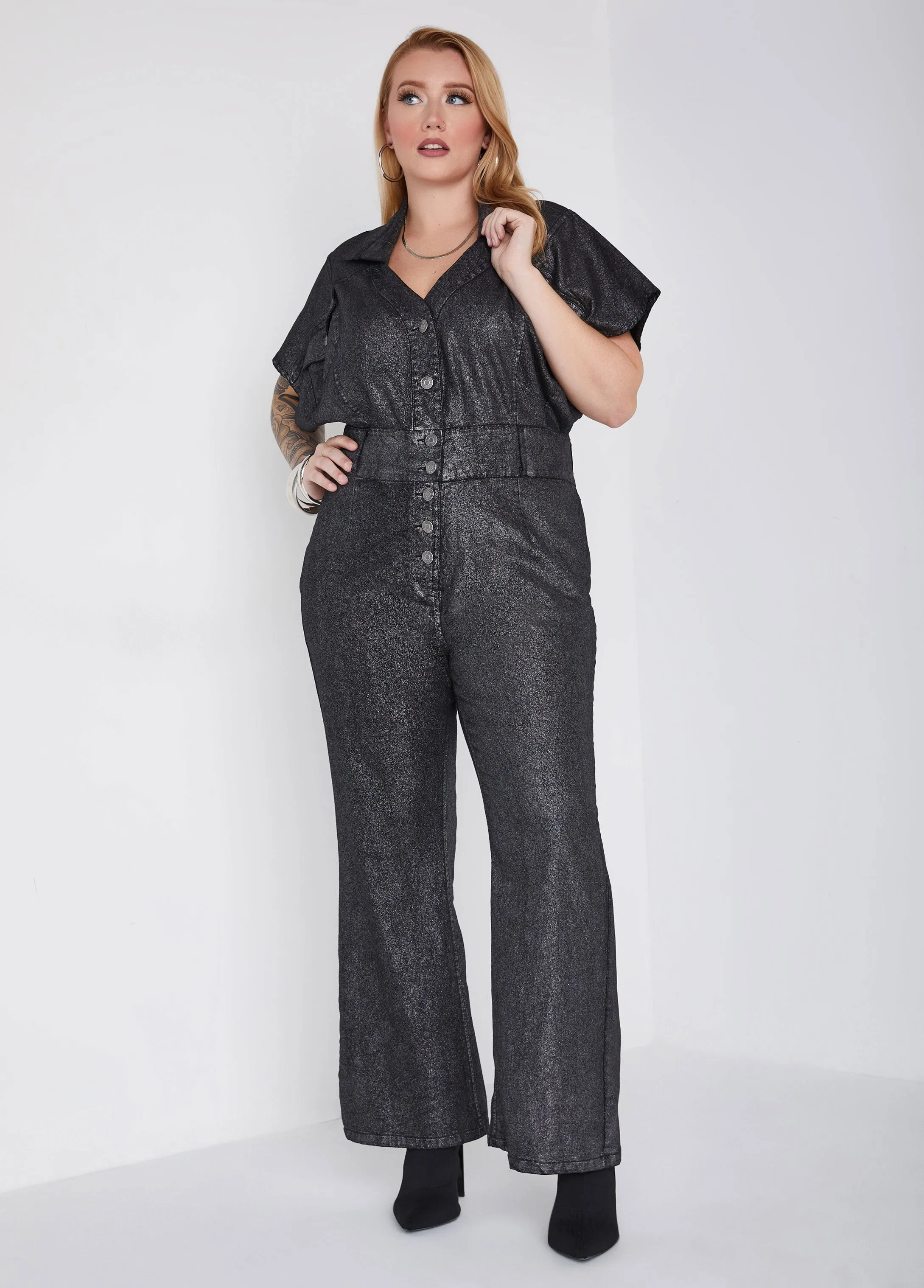Metallic Coated Denim Jumpsuit sold by Ashley Stewart
