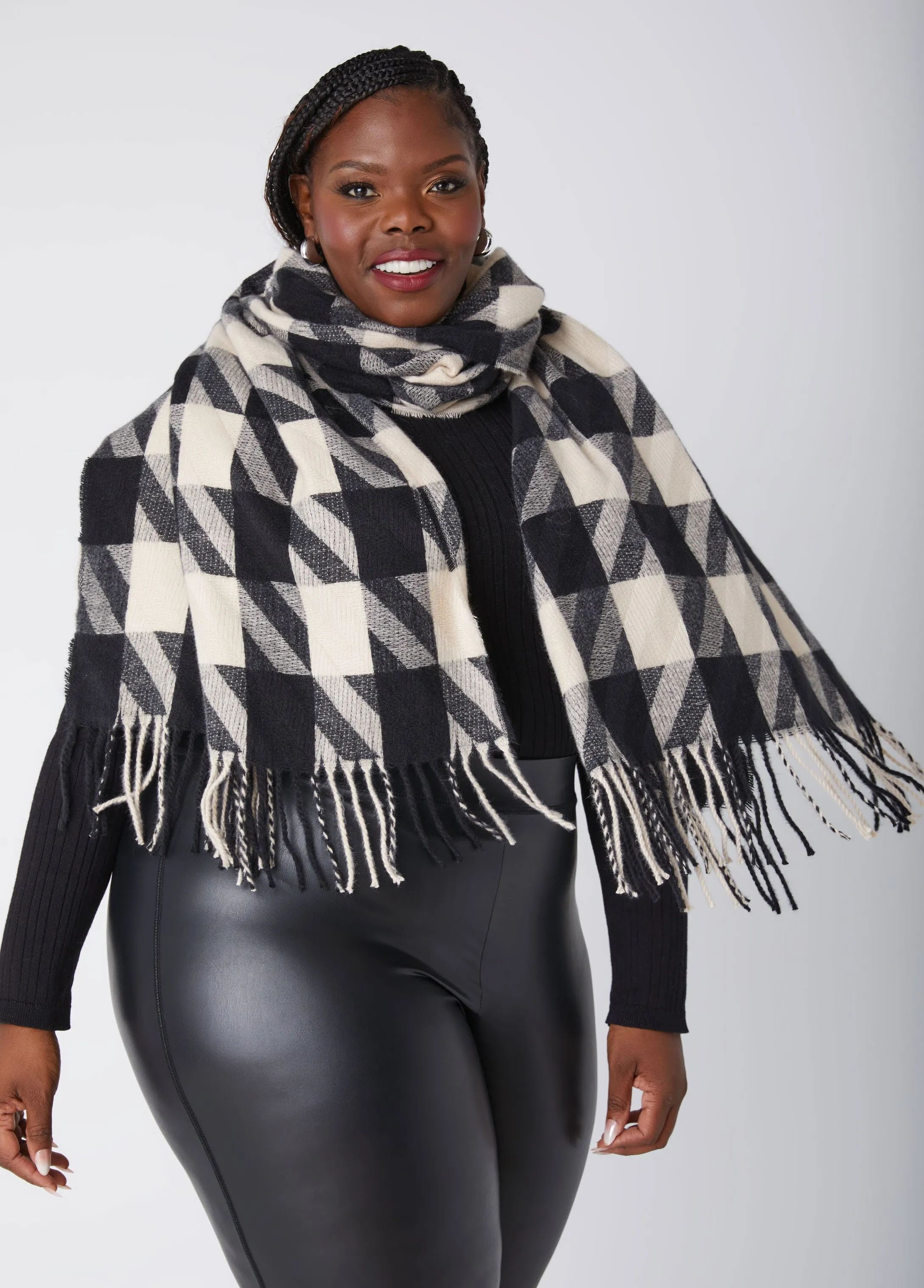 Fringed Houndstooth Scarf sold by Ashley Stewart