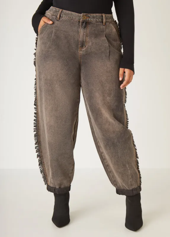Frayed Mid Rise Barrel Jeans sold by Ashley Stewart