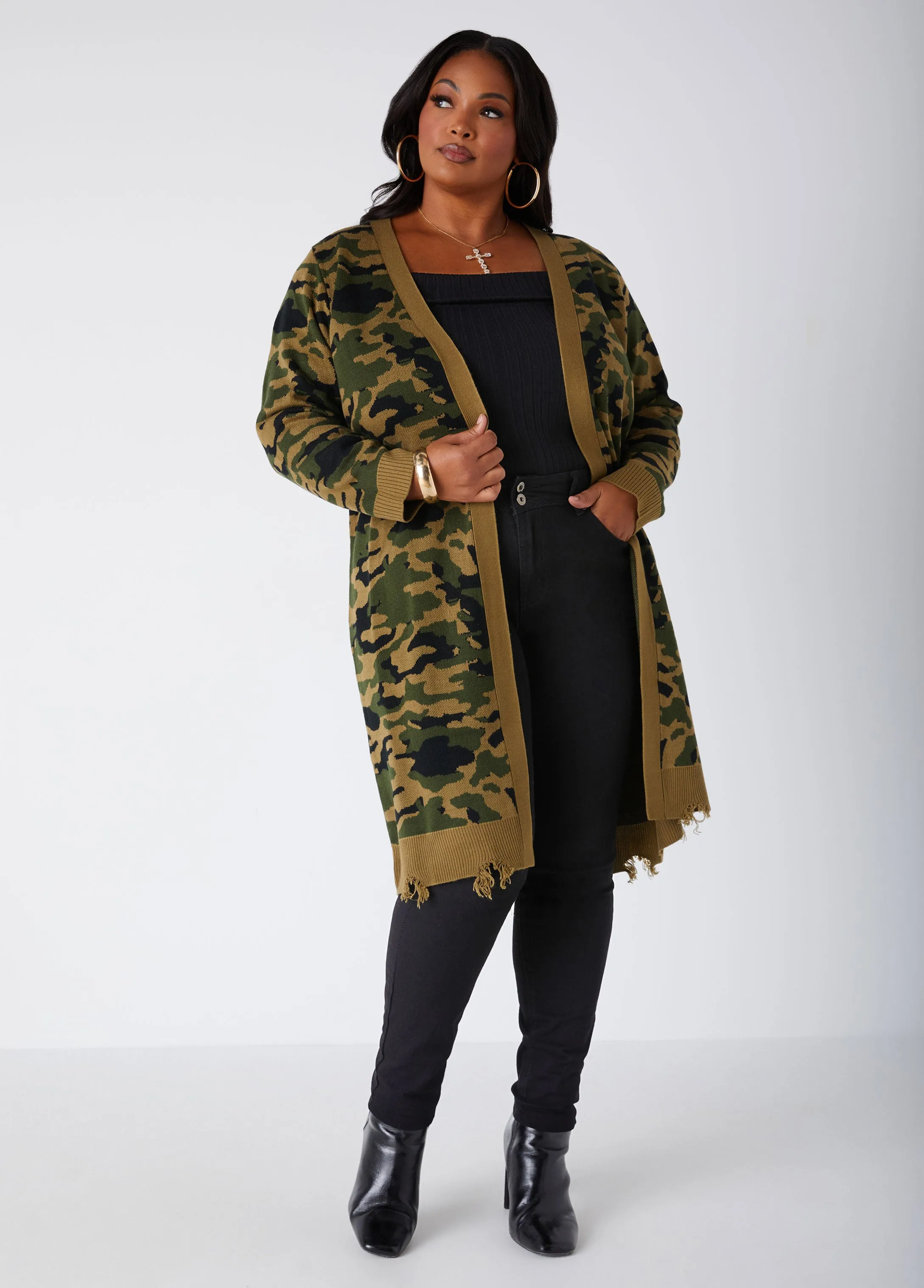 Camo Open Front Cardigan sold by Ashley Stewart