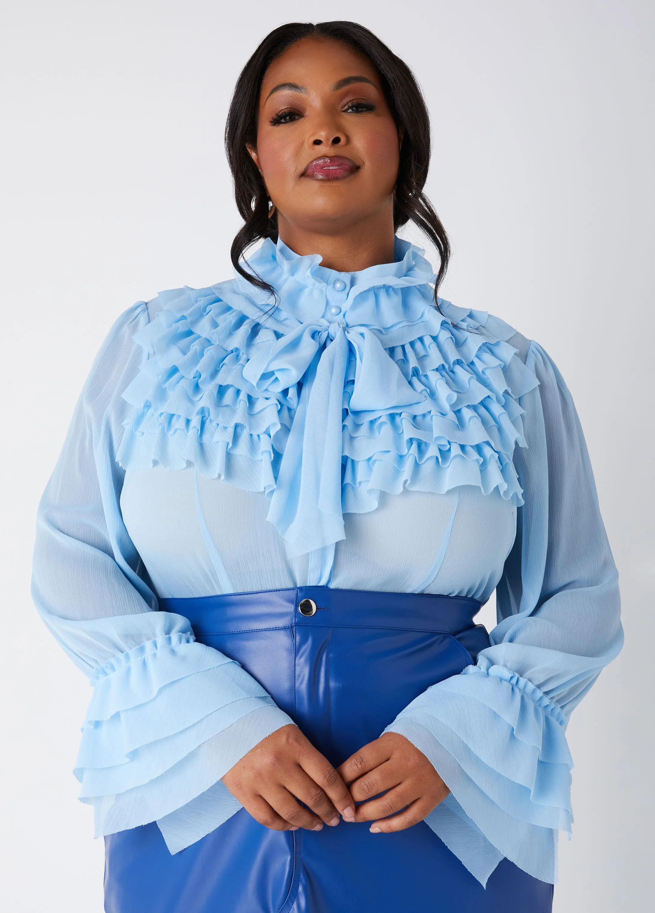 Textured Tie Neck Ruffled Shirt sold by Ashley Stewart product image thumbnail 4