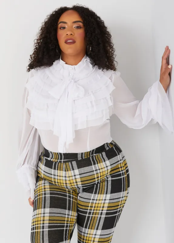 Textured Tie Neck Ruffled Shirt sold by Ashley Stewart