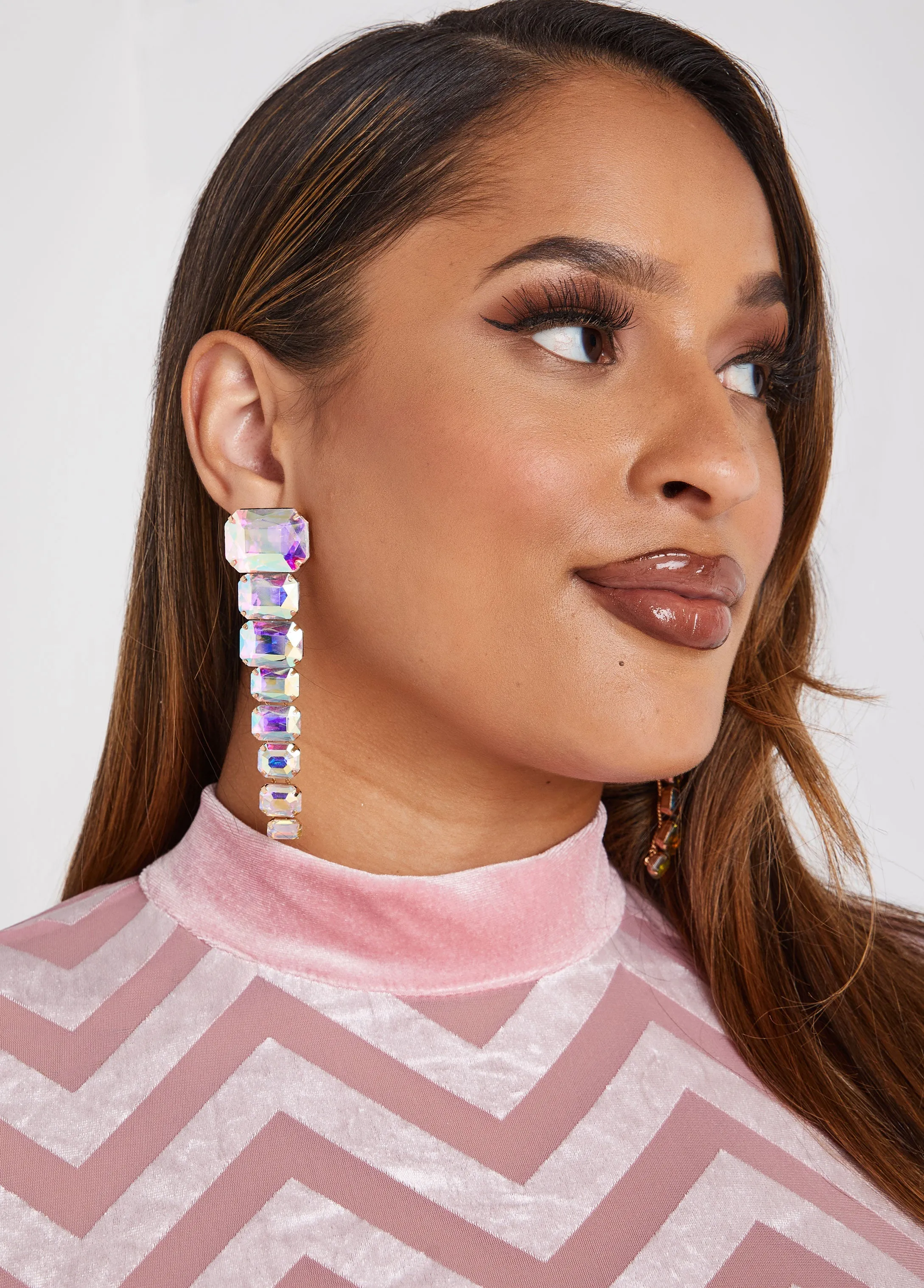 Tiered Iridescent Crystal Earrings sold by Ashley Stewart
