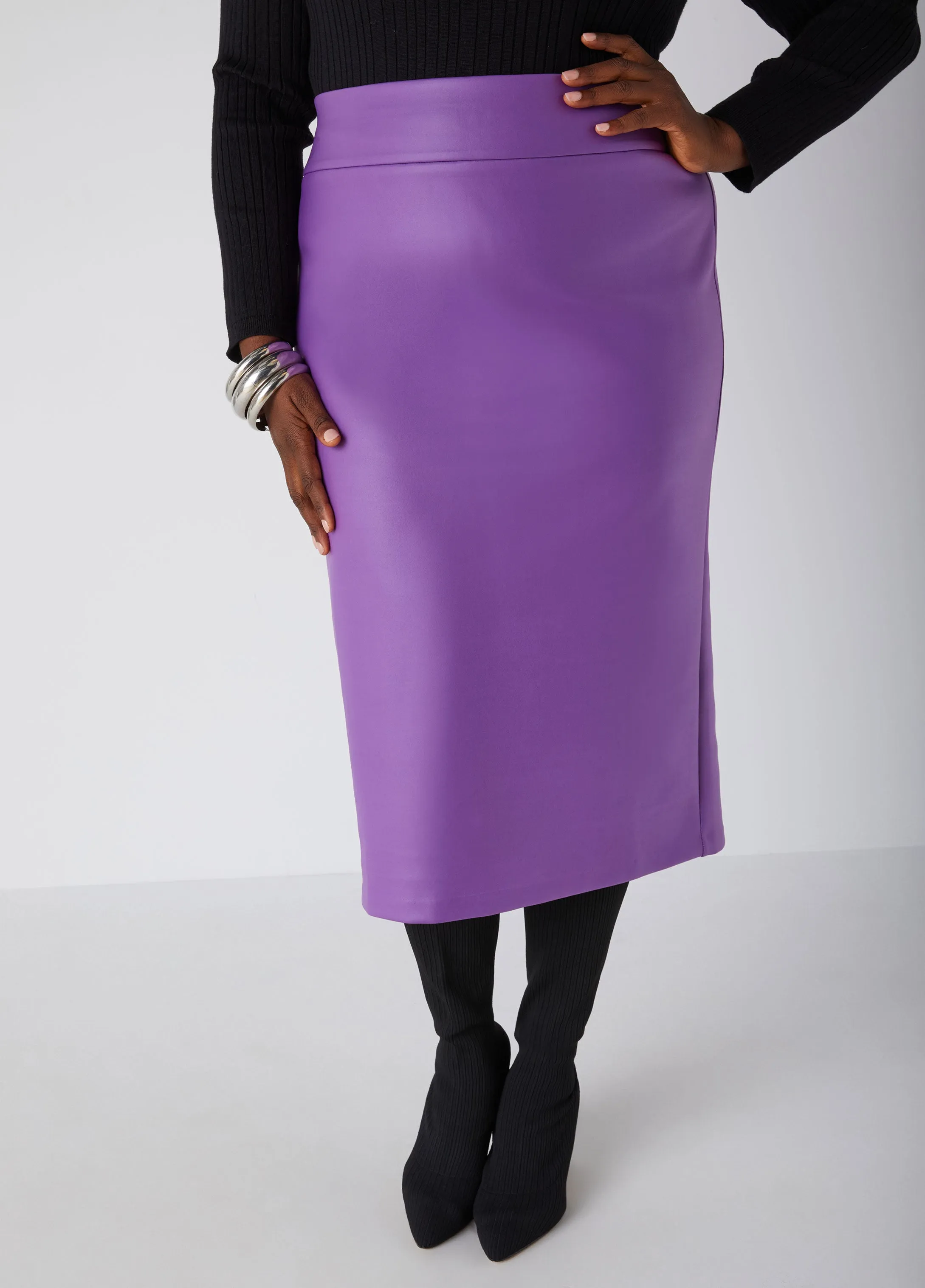 Faux Stretch Leather Midi Skirt sold by Ashley Stewart