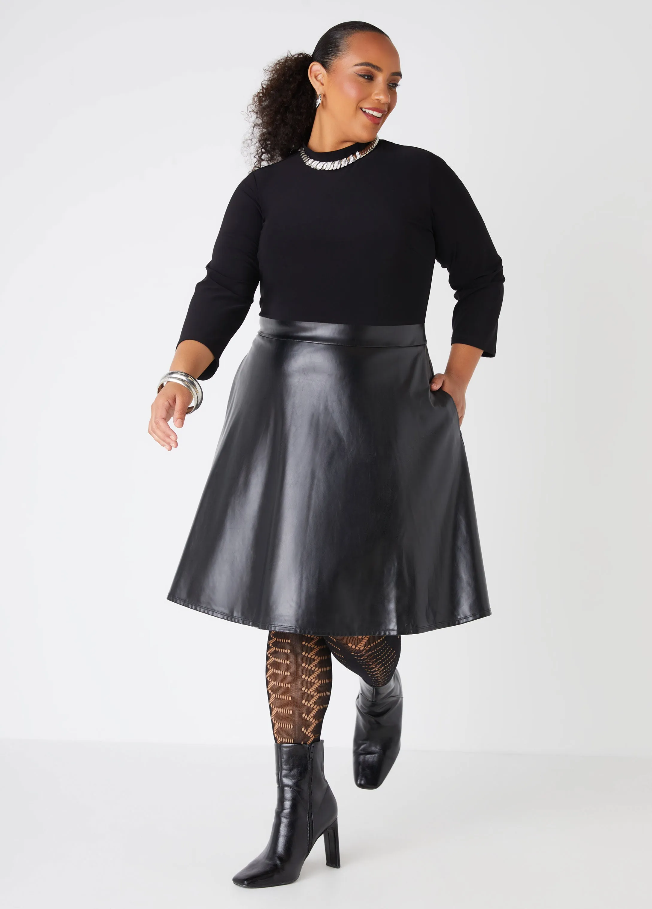 Paneled Faux Leather A Line Dress sold by Ashley Stewart product image thumbnail 3