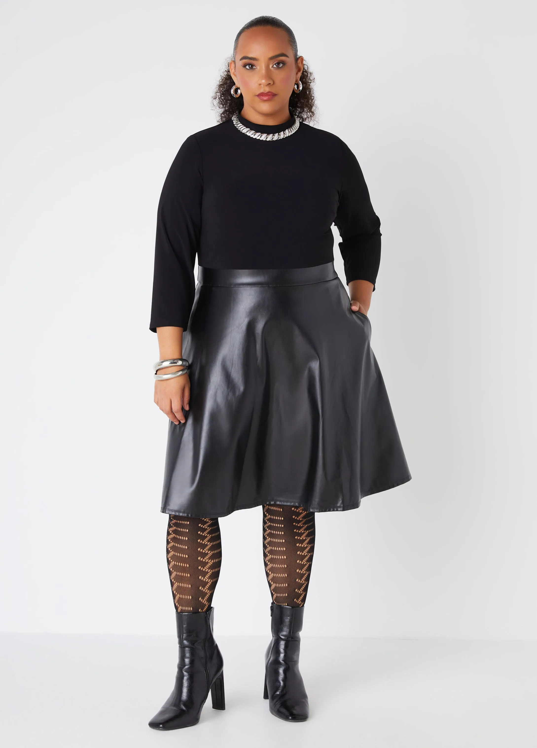 Paneled Faux Leather A Line Dress sold by Ashley Stewart