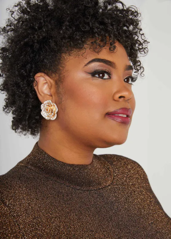 Pave Crystal Rose Clip On Earrings sold by Ashley Stewart