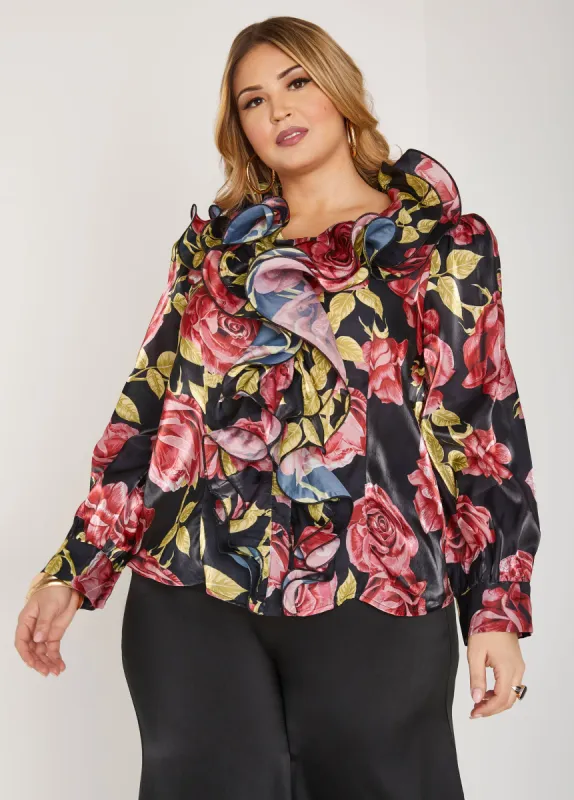 Ruffled Rose Print Blouse sold by Ashley Stewart